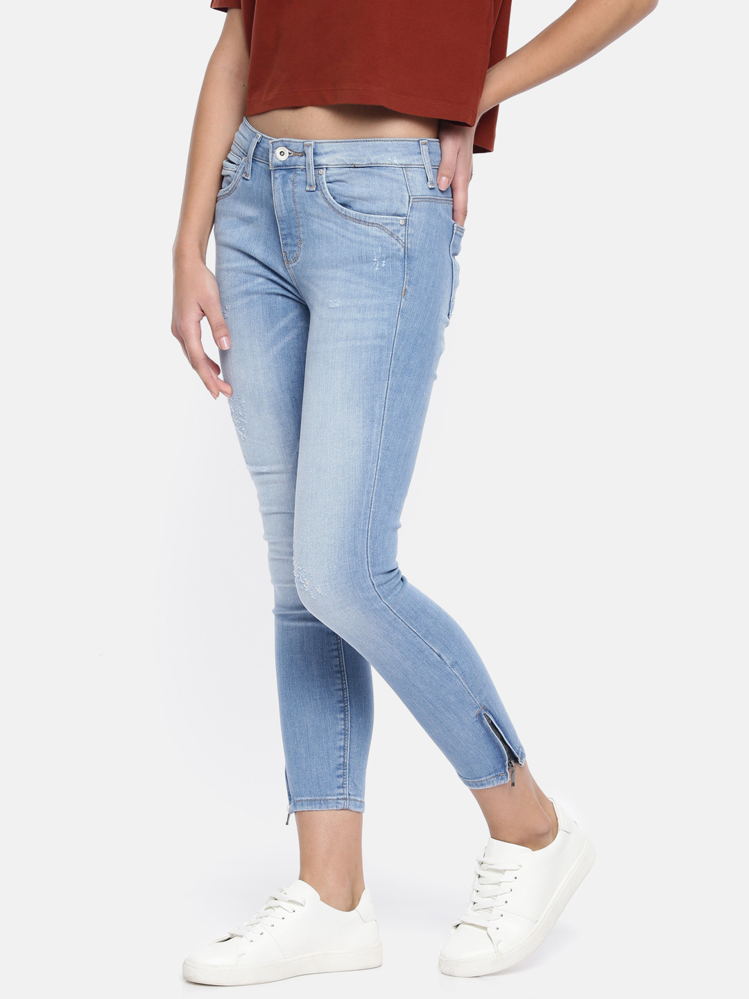 

ONLY Women Blue Kendell Regular Skinny Fit Mid-Rise Low Distress Stretchable Jeans
