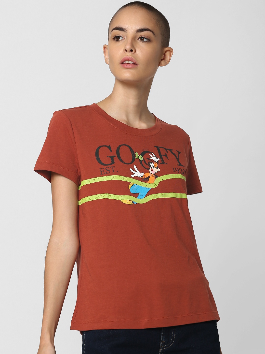 

ONLY Women Brown Printed Round Neck Pure Cotton T-shirt
