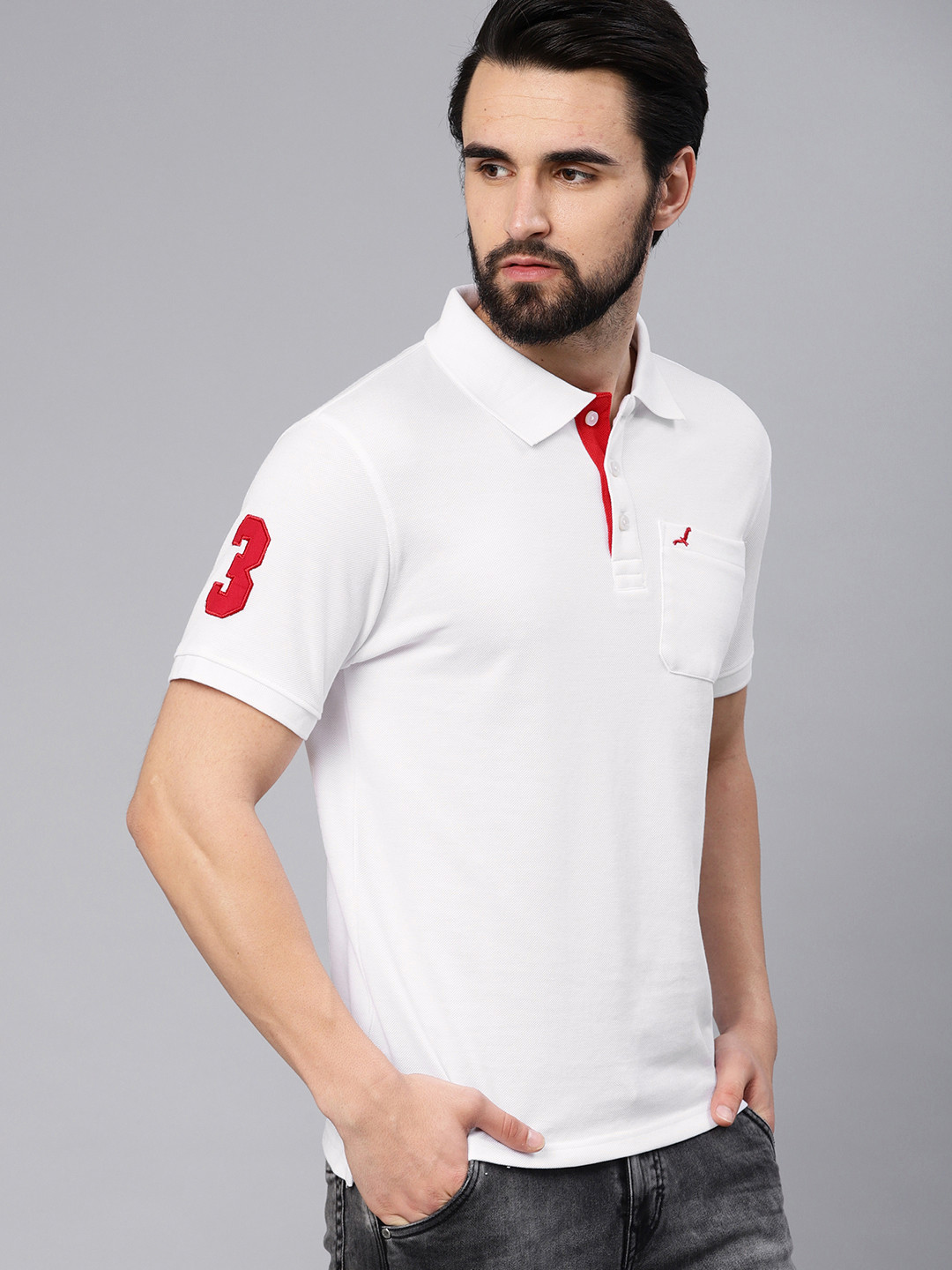 

American Crew Men White Solid Polo Collar T-shirt
