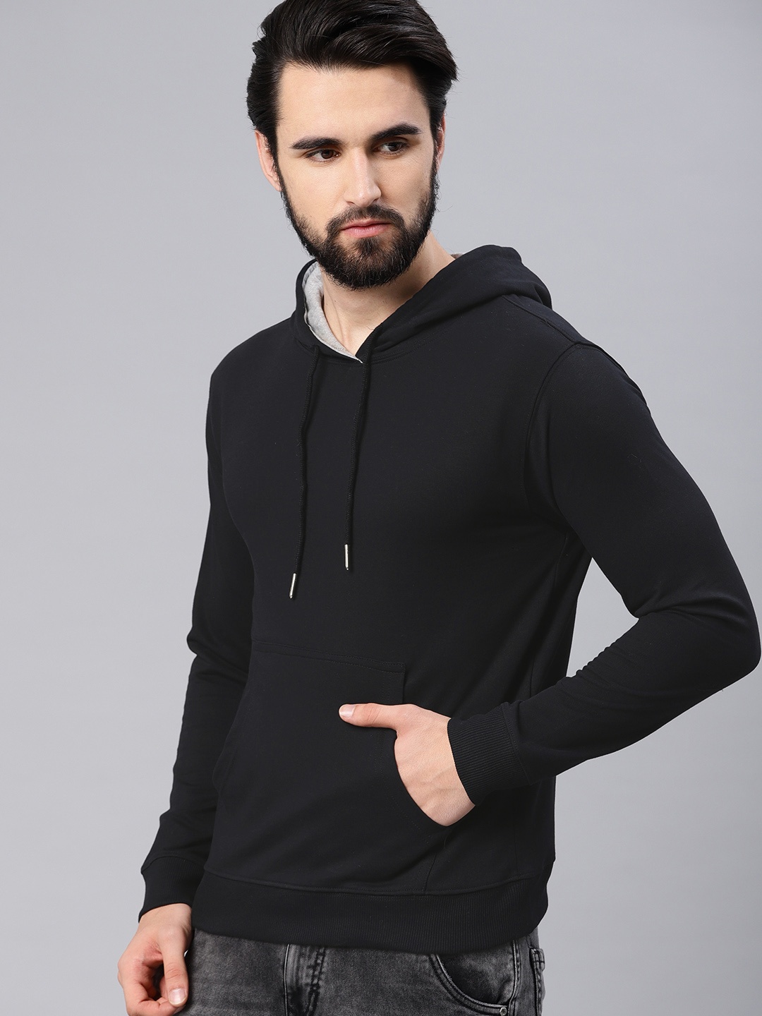 

American Crew Men Black Solid Hooded Sweatshirt