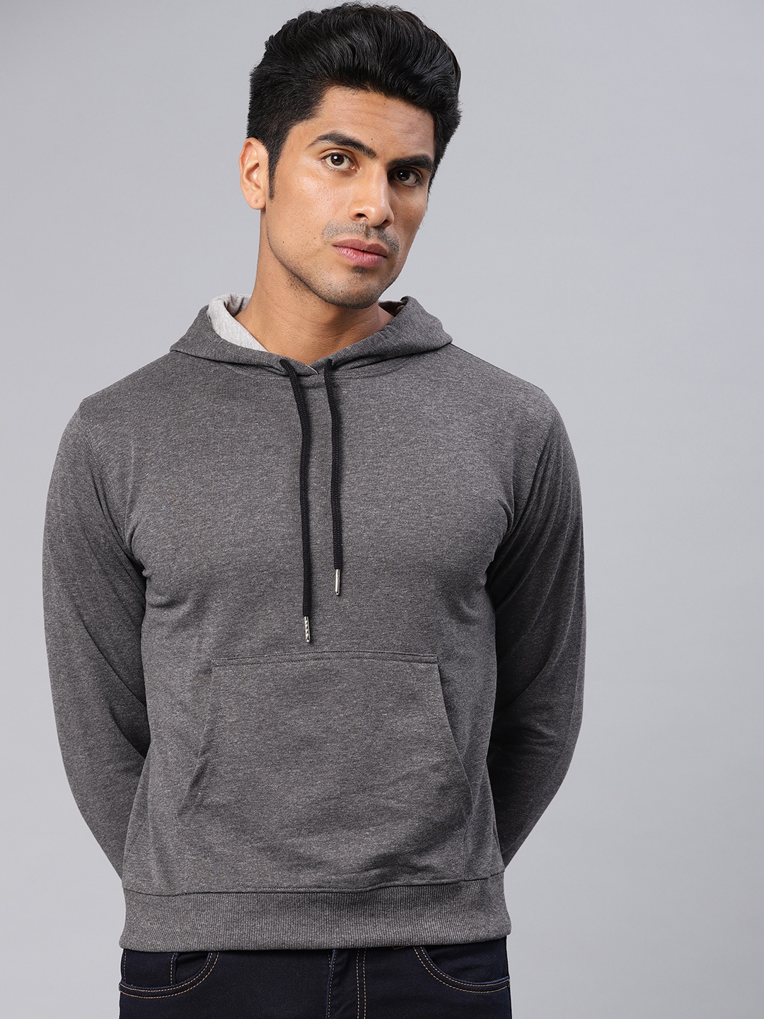 

American Crew Men Charcoal Grey Solid Hooded Sweatshirt
