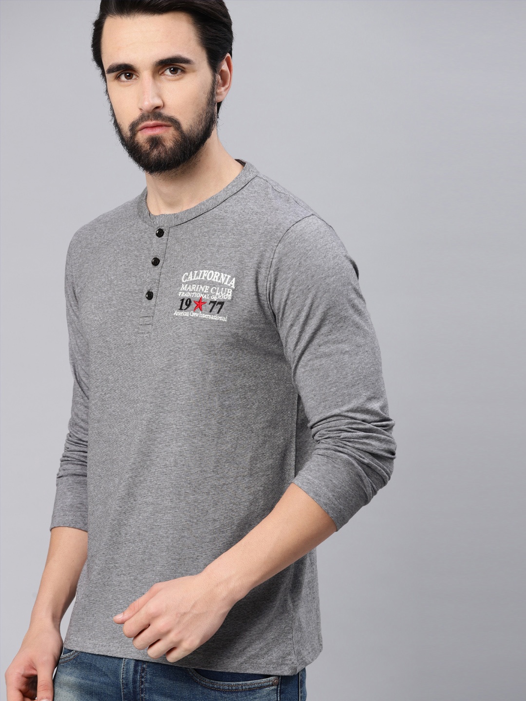 

American Crew Men Charcoal Grey Solid Henley Neck T-shirt