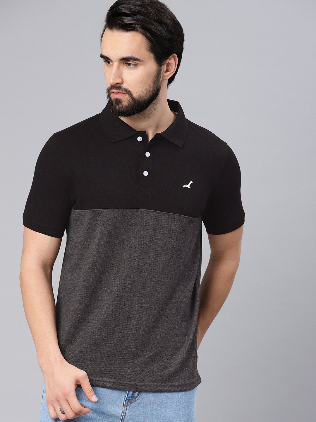 

American Crew Men Black Solid Polo Collar T-Shirt