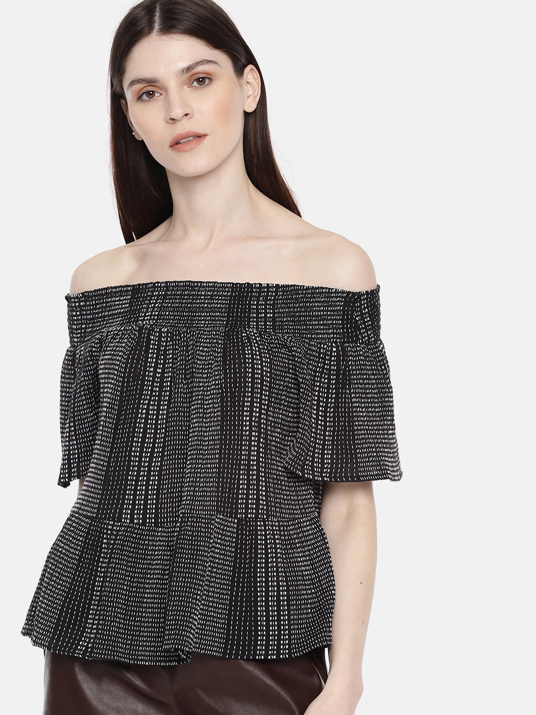 

Vero Moda Women Black & White Striped Bardot Pure Cotton Top