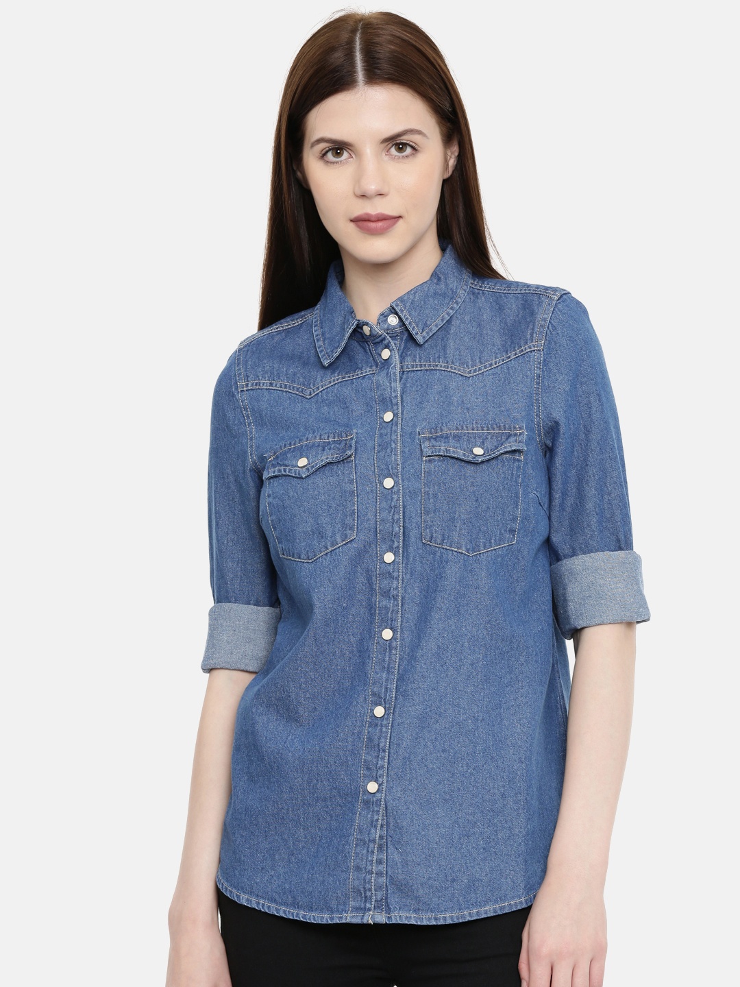 

Vero Moda Women Blue Regular Fit Solid Denim Casual Shirt