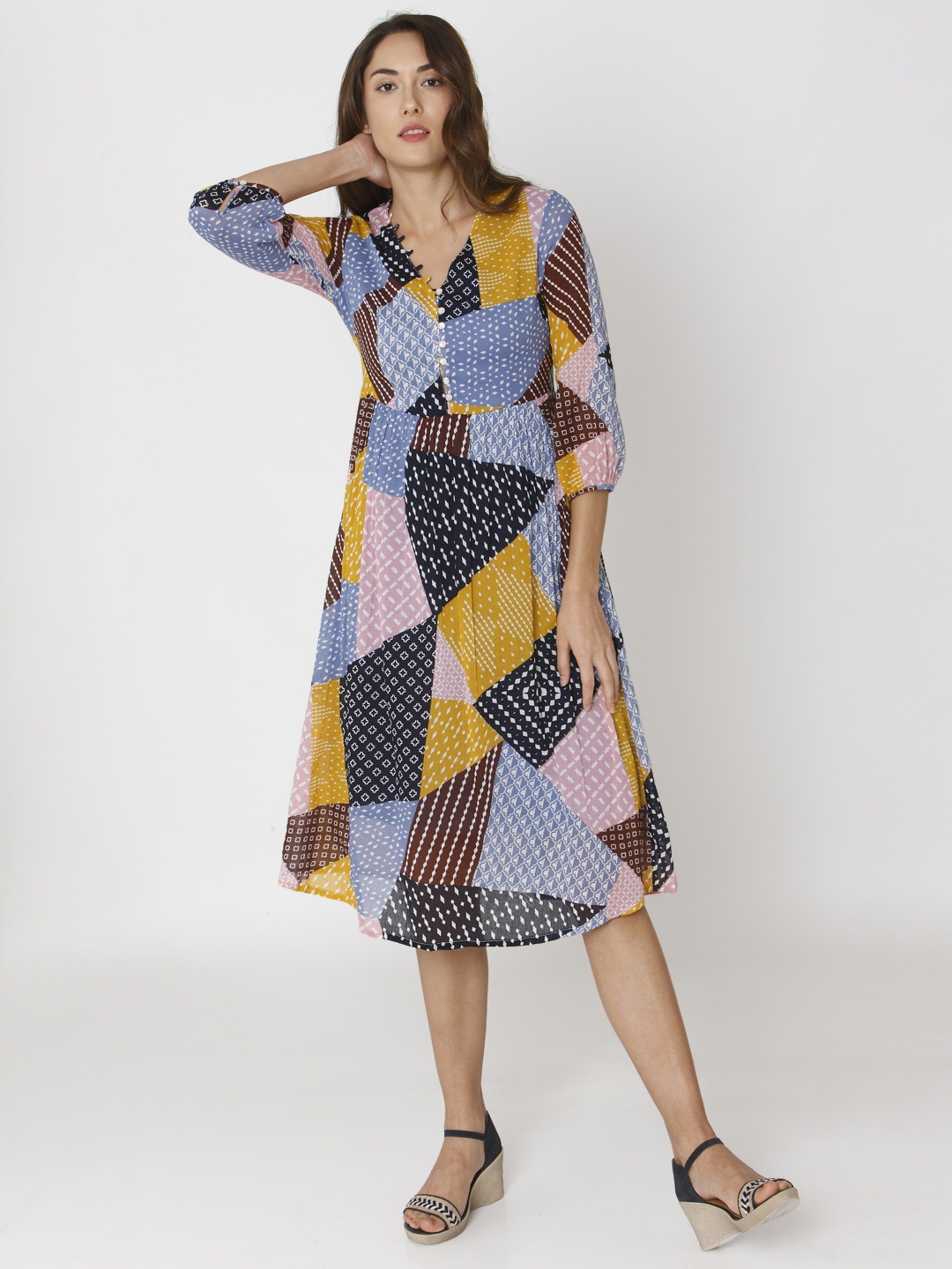 

Vero Moda Women Printed Navy Blue & White Fit and Flare Dress