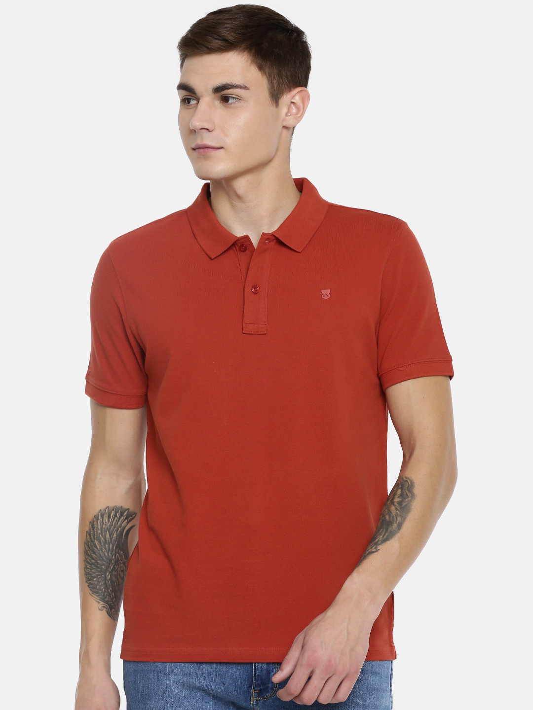 

Wrangler Men Rust Red Solid Polo Collar Pure Cotton T-shirt