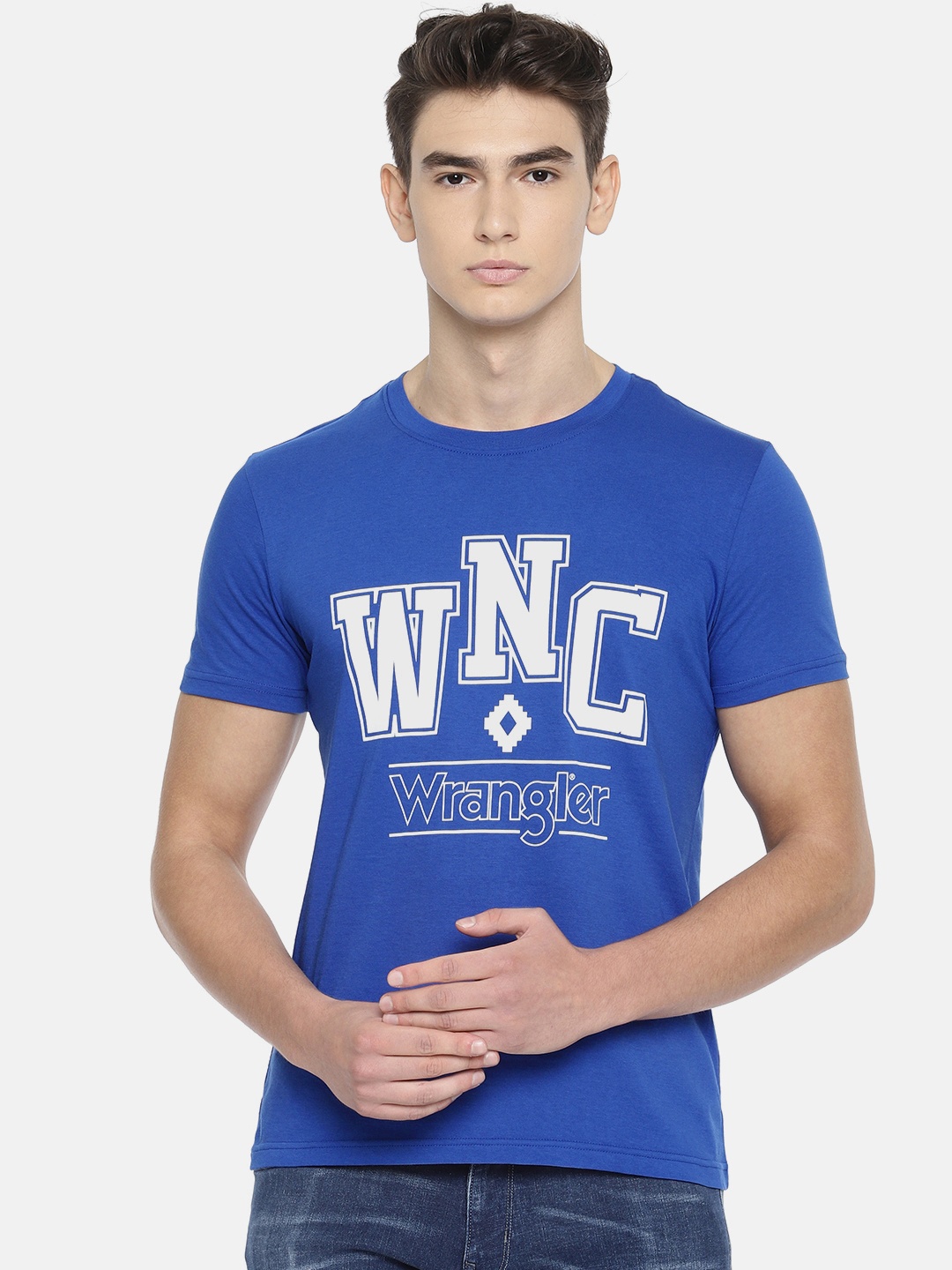 

Wrangler Men Blue White Solid Round Neck Pure Cotton T-shirt