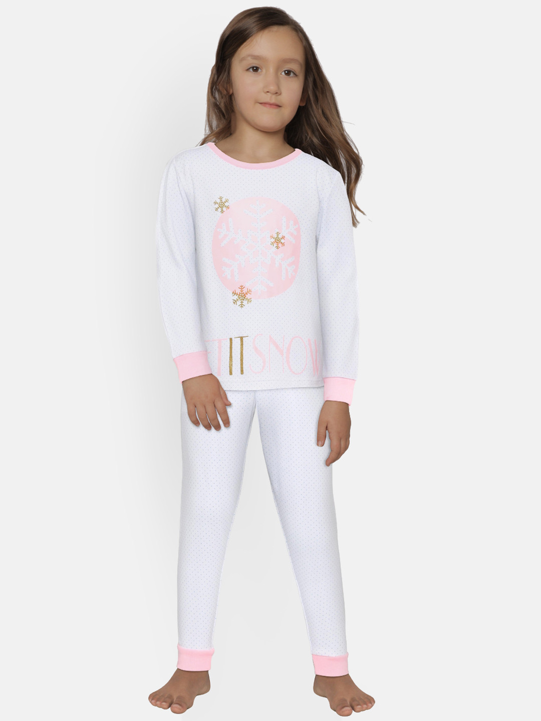

mackly Girls White & Pink Printed Night suit