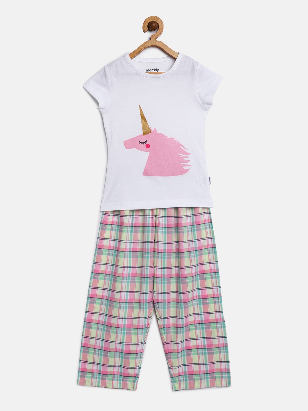 

mackly Girls White & Pink Printed Night suit