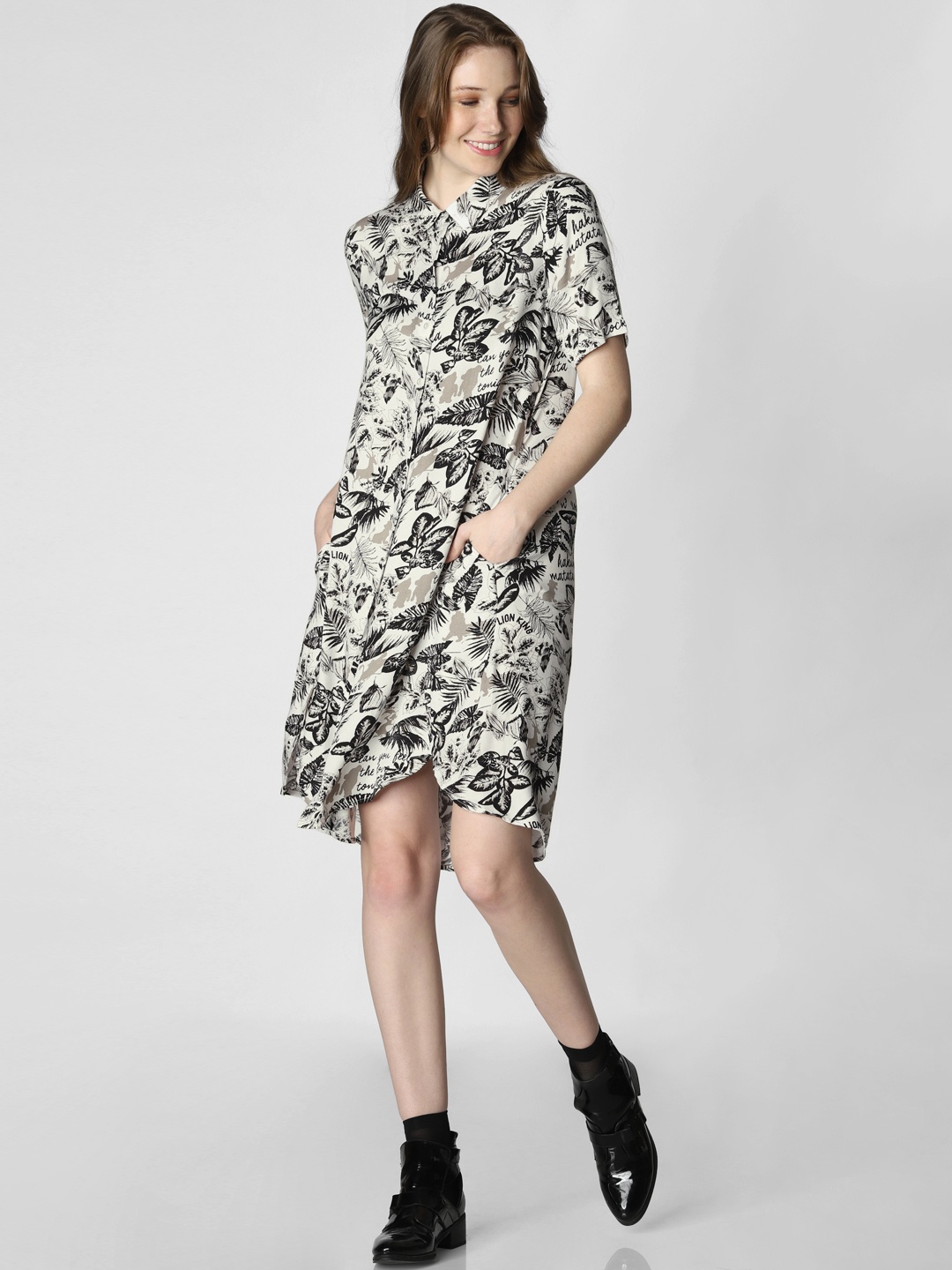 

Vero Moda Women White & Black Tropical Print Shirt Dress