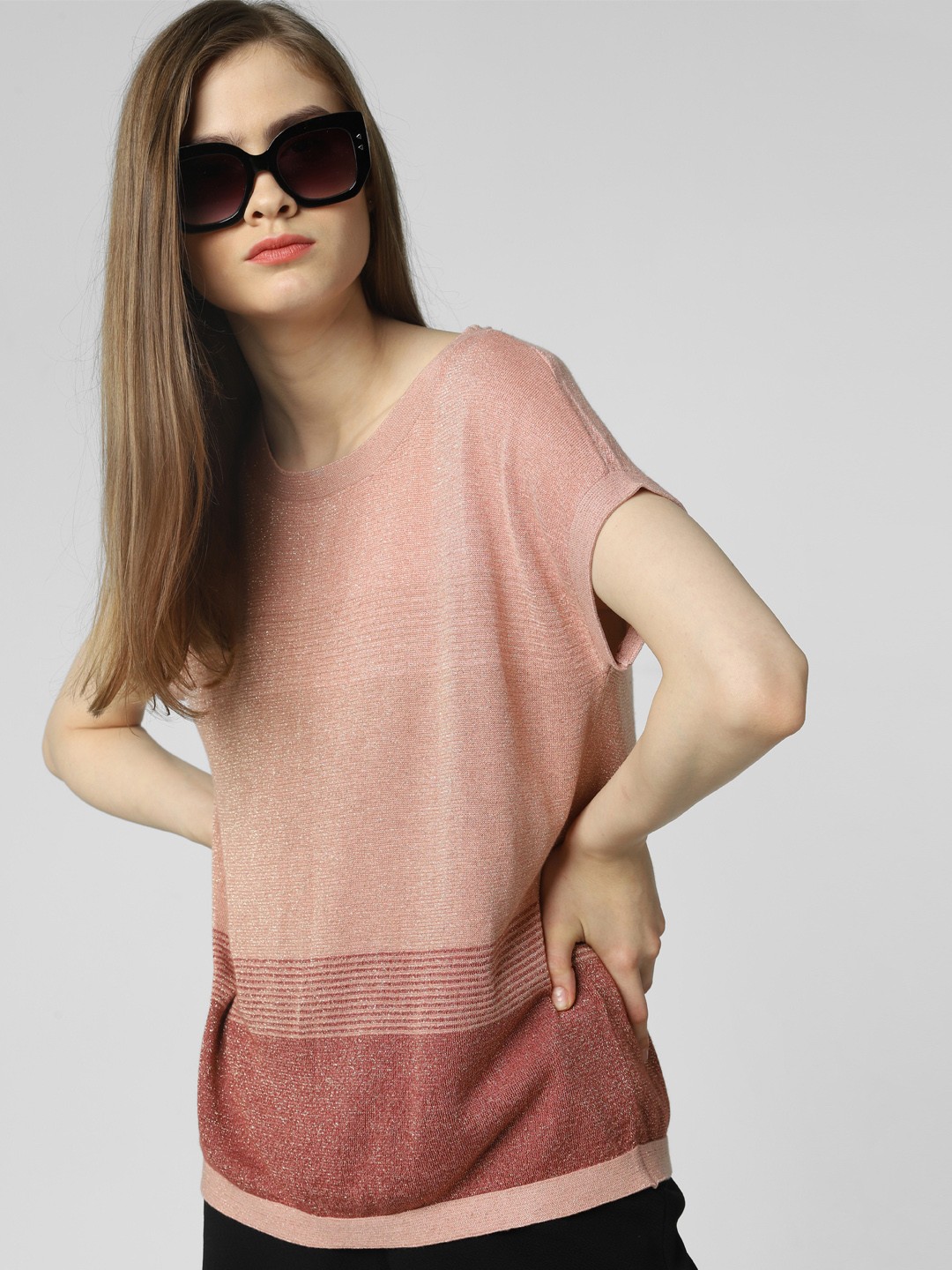 

Vero Moda Women Pink & Gold Striped Round Neck Top