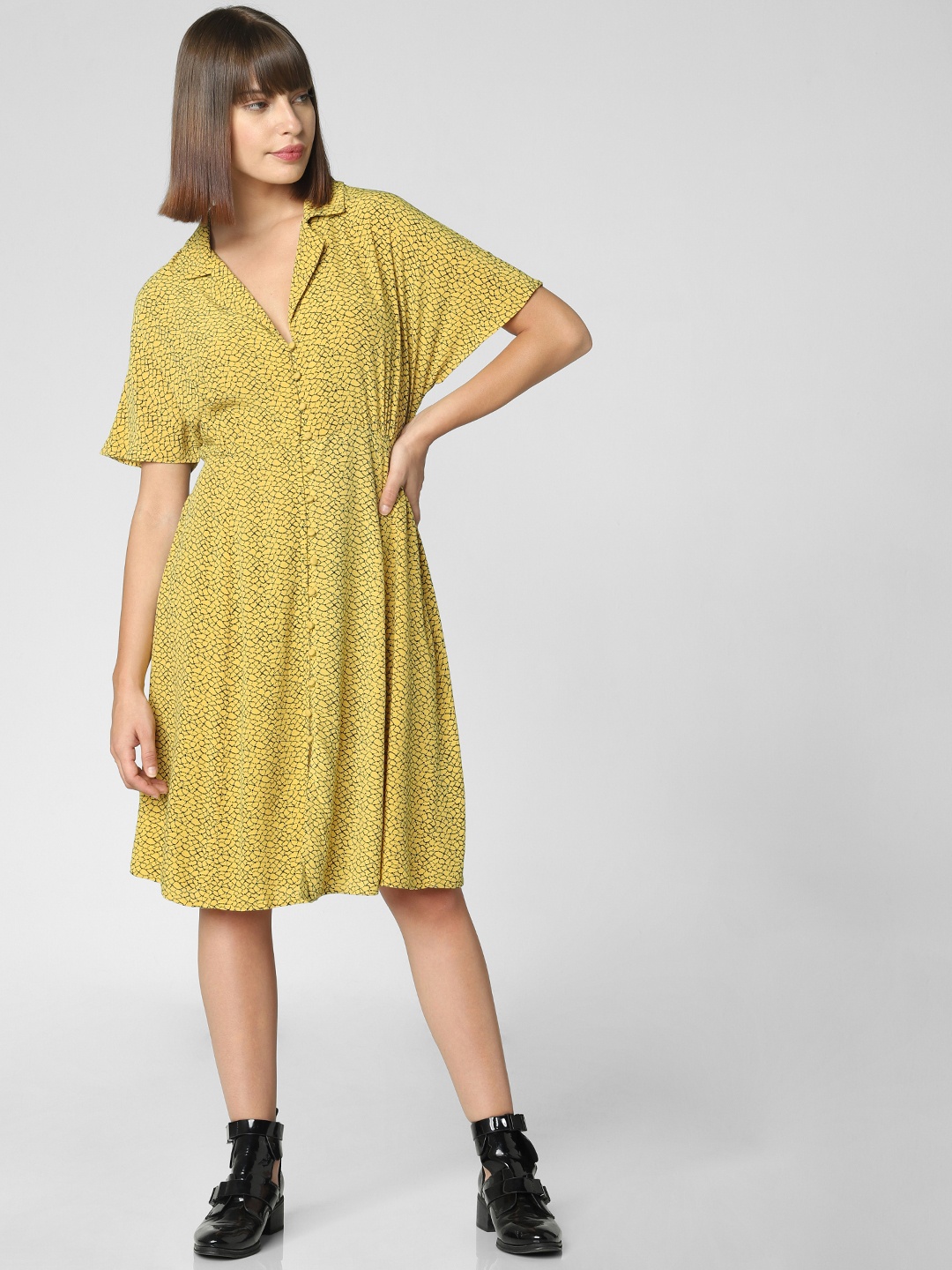 

Vero Moda Women Yellow & Black Shirt Collar A-Line Dress