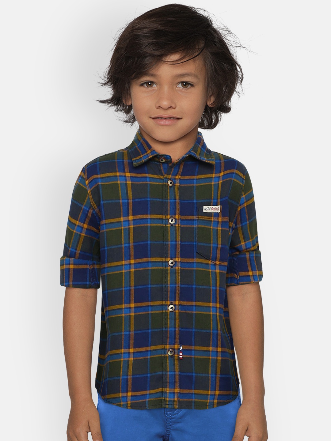 

U.S. Polo Assn. Kids Boys Green & Navy Blue Regular Fit Checked Casual Shirt
