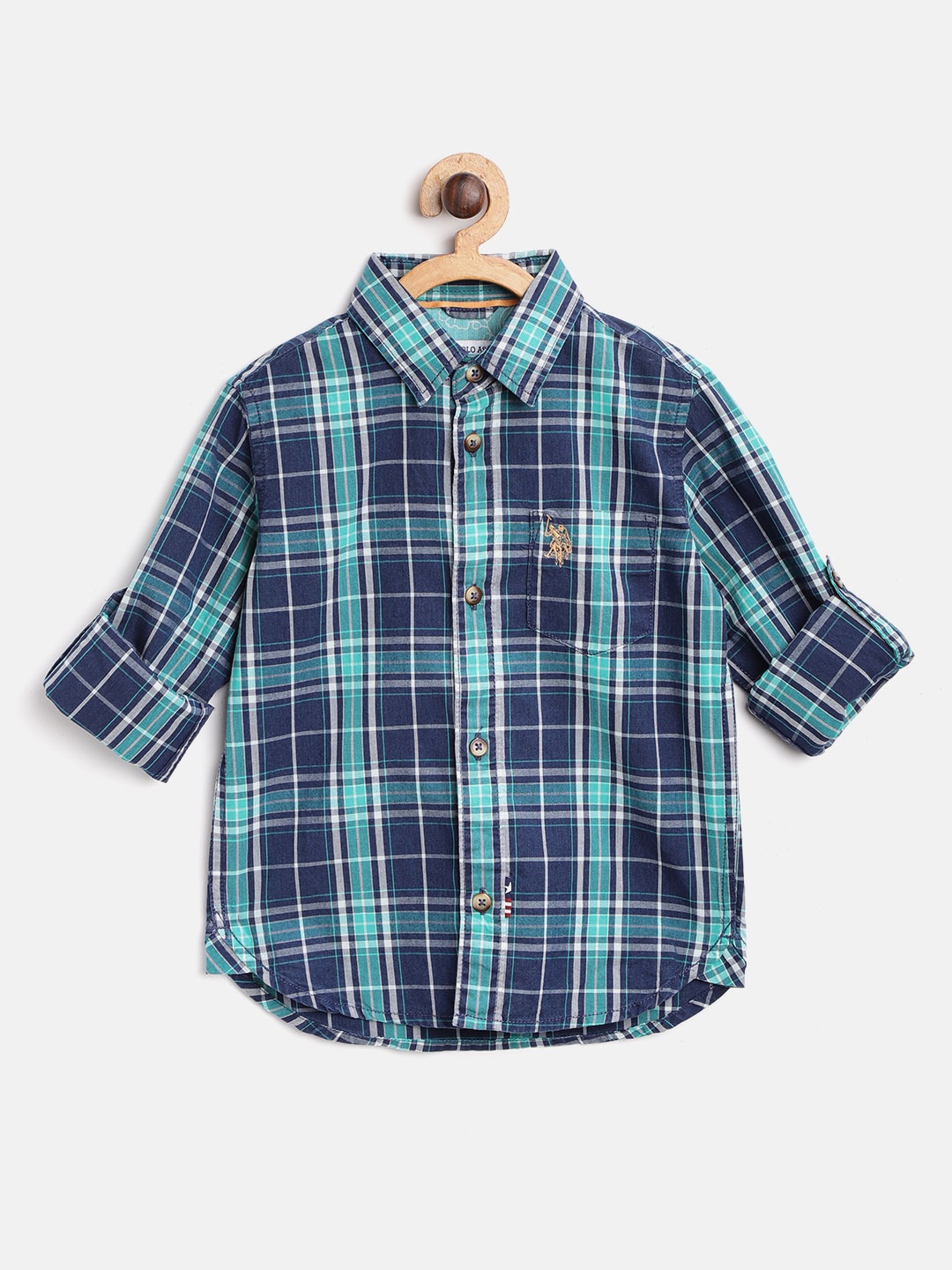 

U.S. Polo Assn. Kids Boys Navy Blue & Sea Green Regular Fit Checked Casual Shirt
