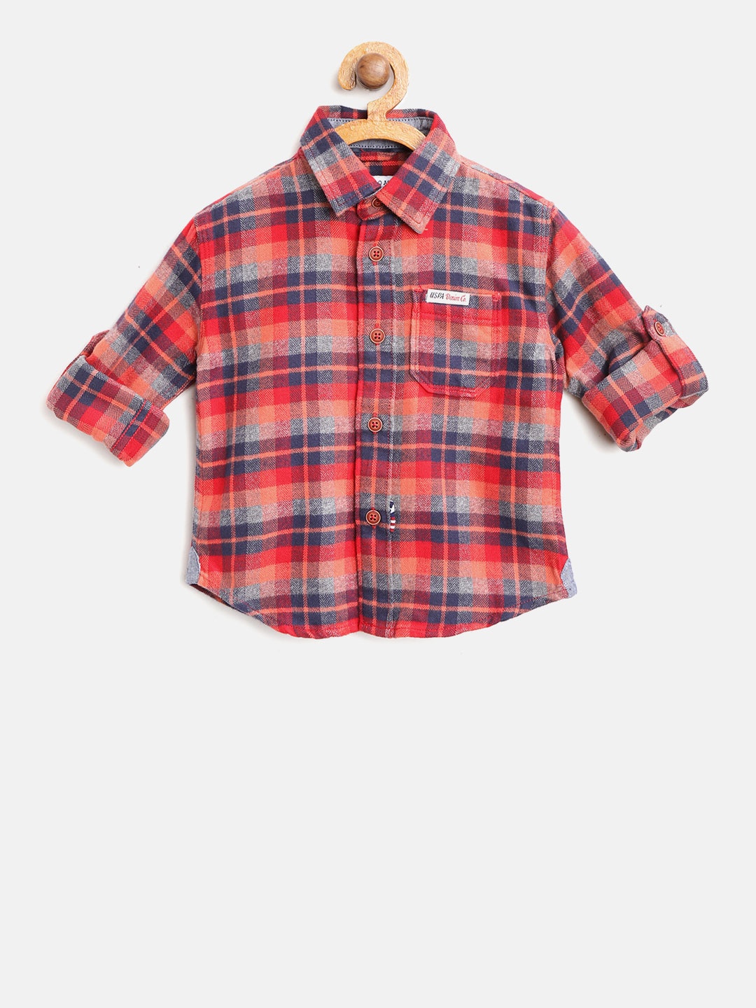 

U.S. Polo Assn. Kids Boys Red & Navy Blue Regular Fit Checked Casual Shirt