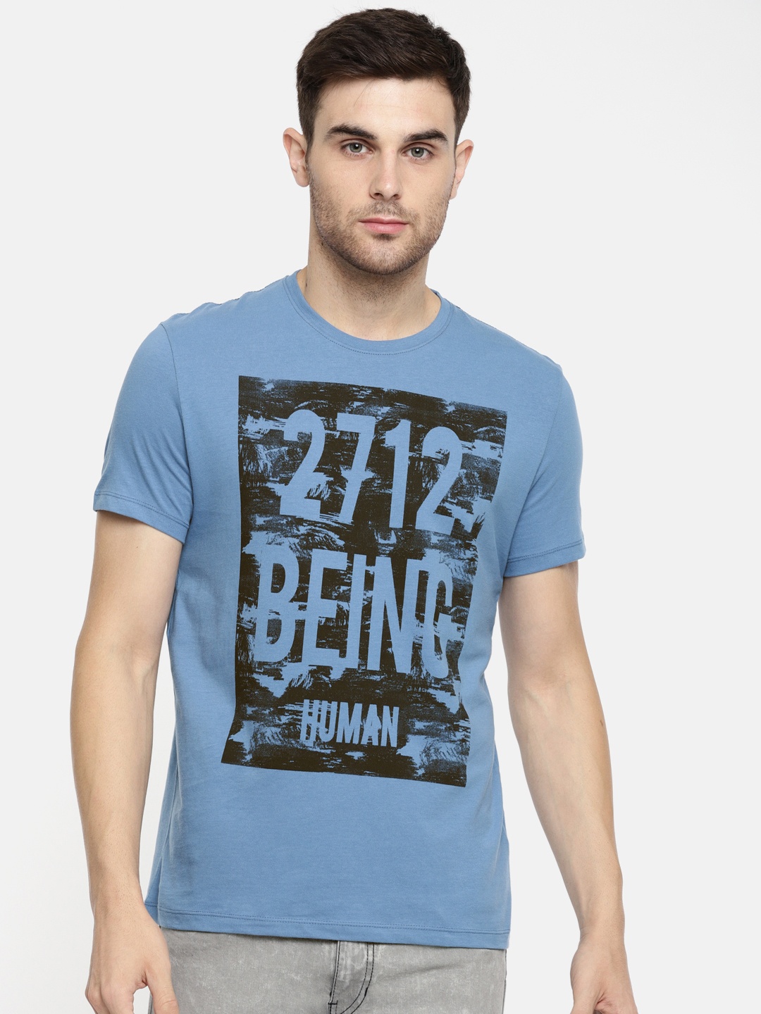 

Being Human Clothing Men Blue Printed Round Neck Pure Cotton T-shirt