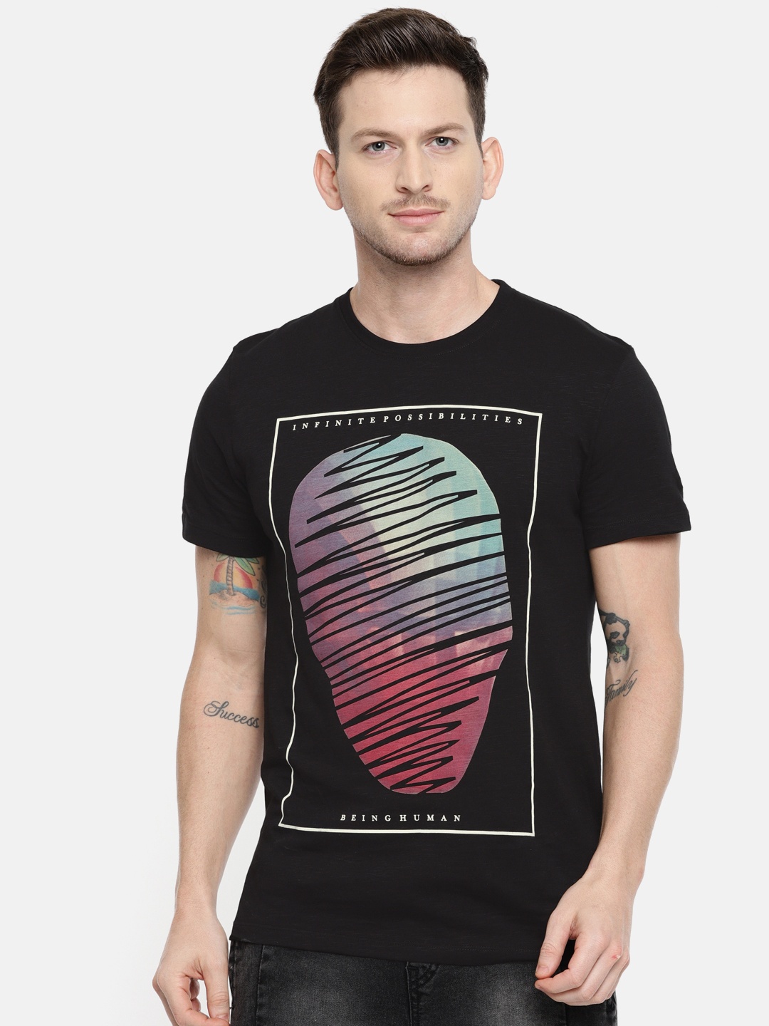 

Being Human Clothing Men Black Printed Round Neck Pure Cotton T-shirt
