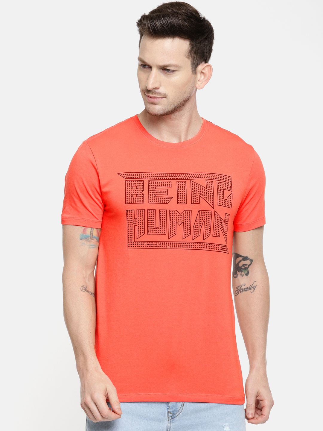 

Being Human Clothing Men Coral Orange Printed Round Neck T-shirt