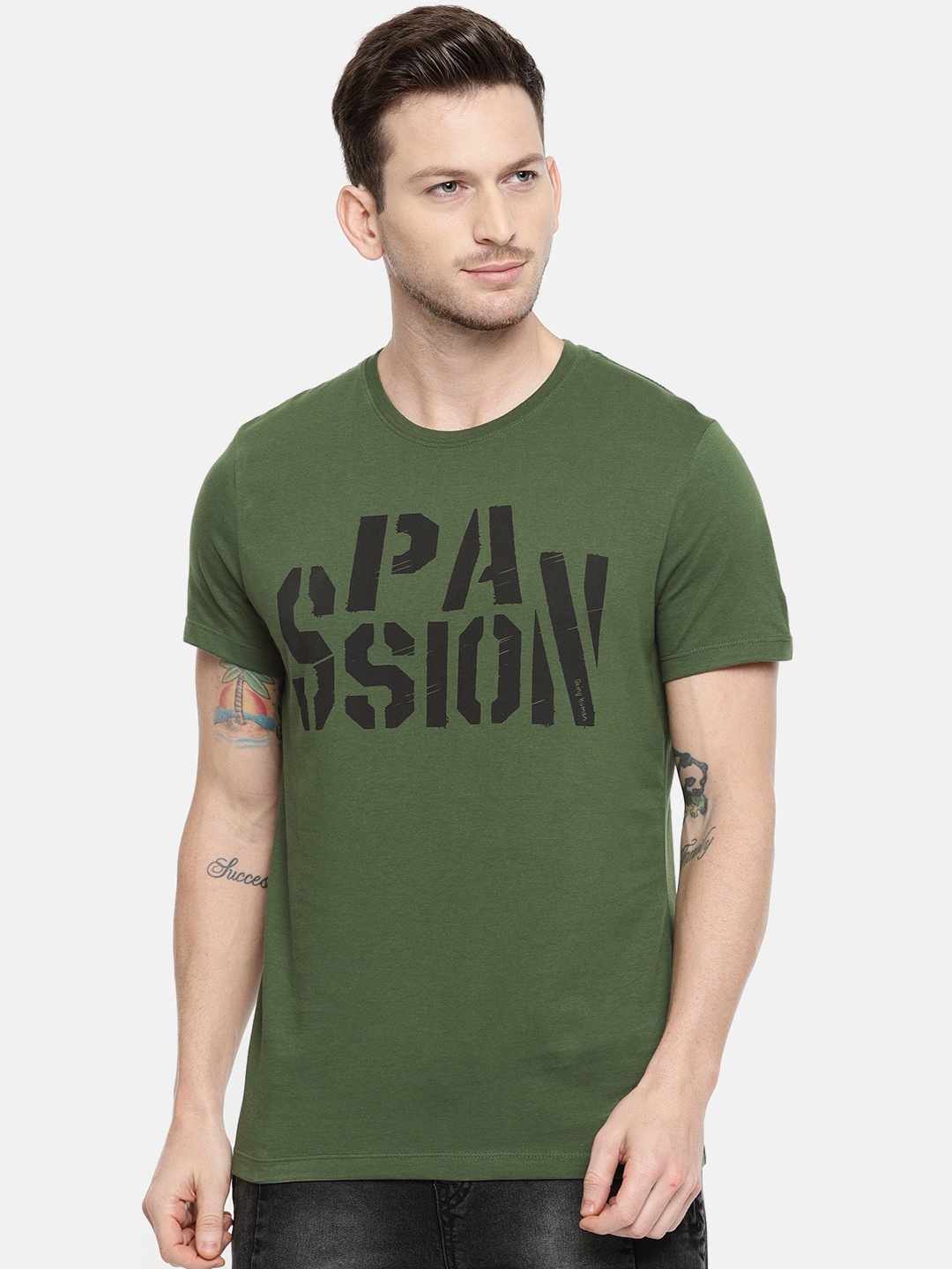 

Being Human Clothing Men Olive Green Printed Round Neck Pure Cotton T-shirt