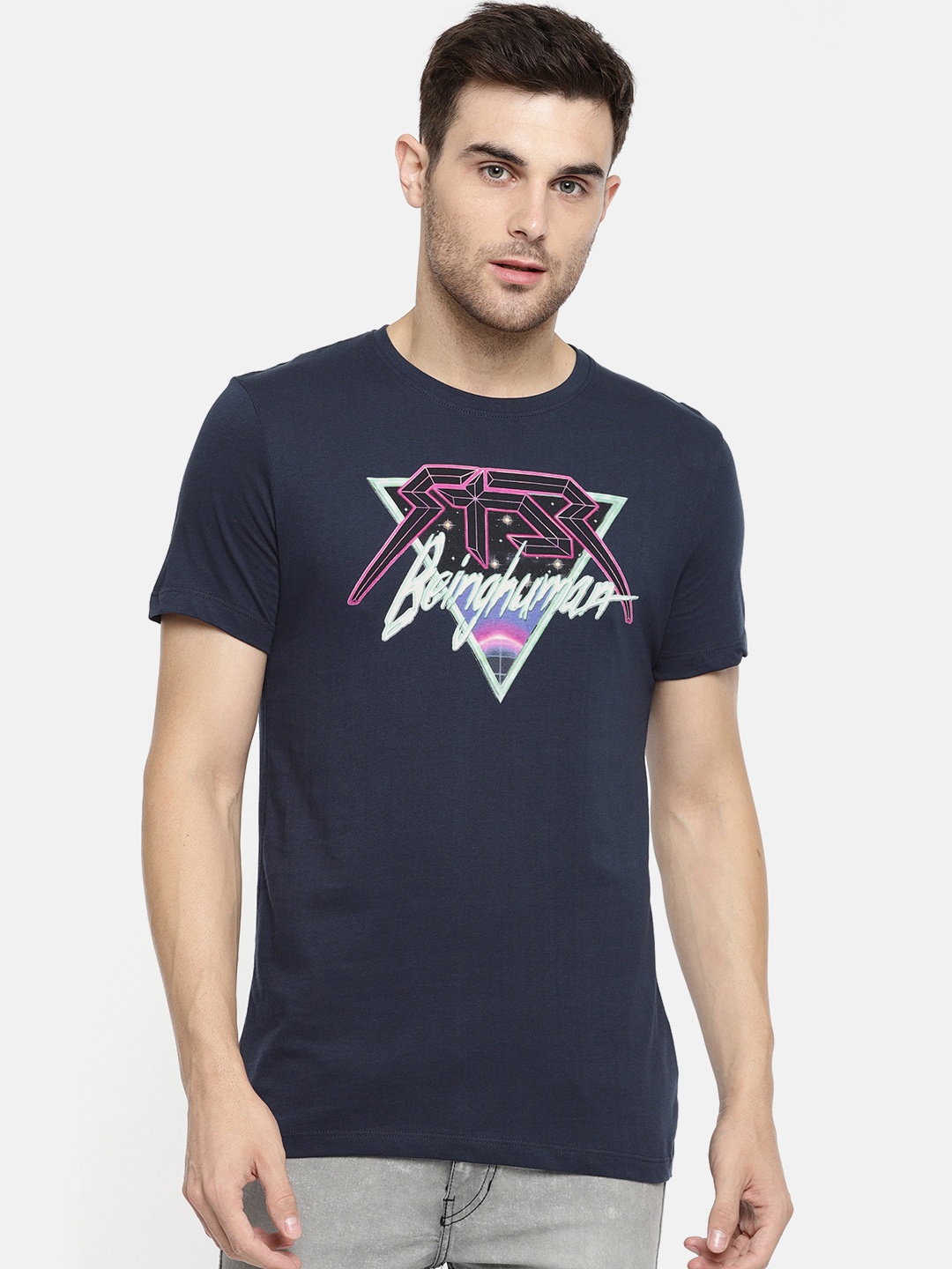 

Being Human Clothing Men Navy Printed Round Neck Pure Cotton T-shirt, Navy blue