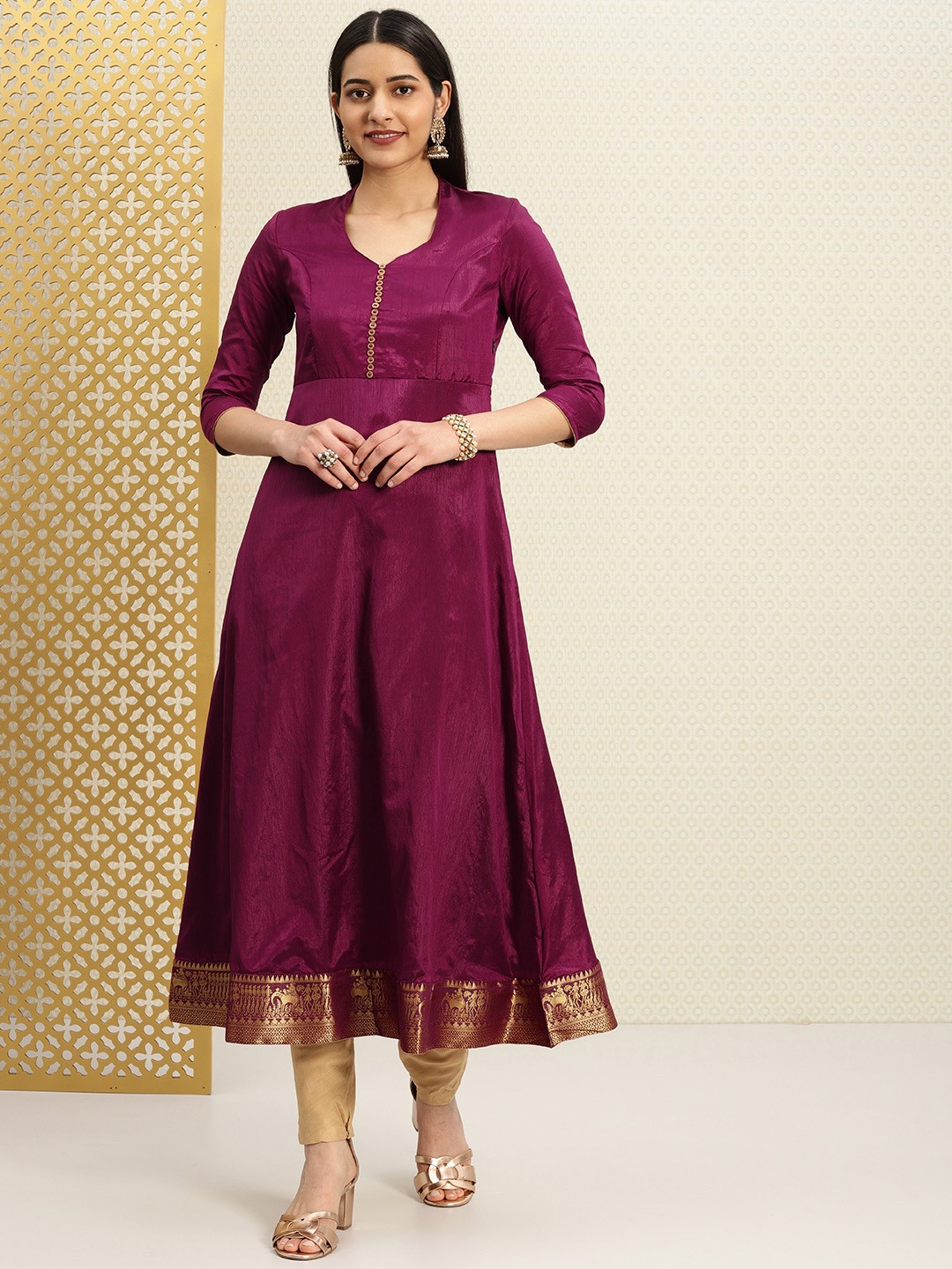 

House of Pataudi Women Purple Solid A-Line Kurta