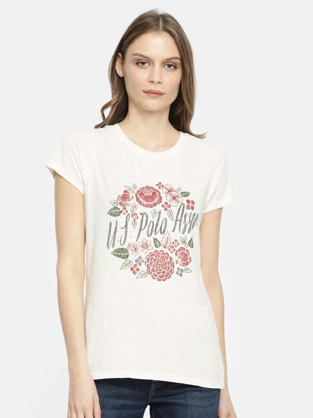 

U.S. Polo Assn.Women Off-White Printed Round Neck Pure Cotton T-shirt