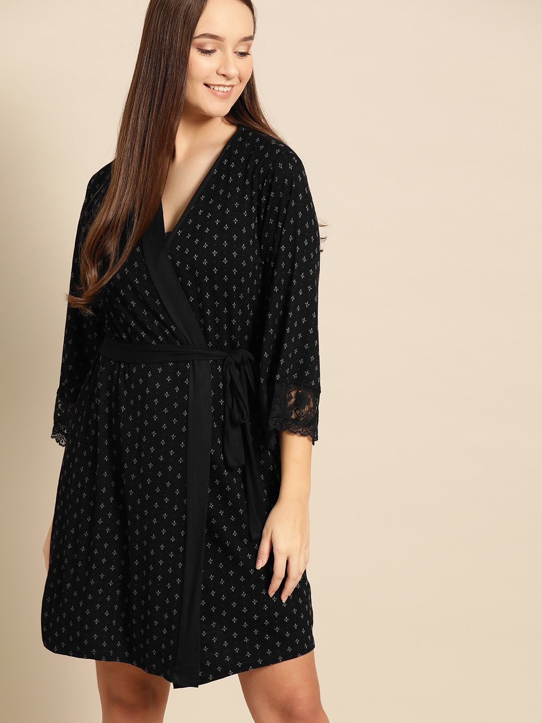 

DressBerry Women Black & Grey Printed Robe Set