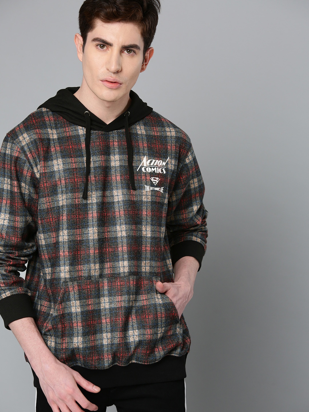 

Justice League Men Charcoal Grey & Red Checked Hooded Sweatshirt