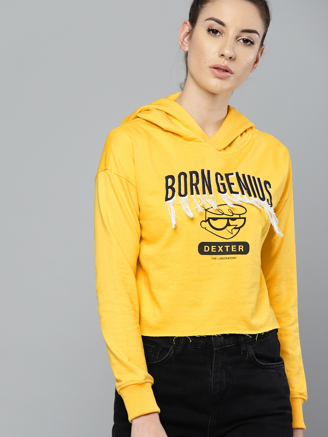 

Dexter by Kook N Keech Women Yellow & Black Embroidered Hooded Crop Sweatshirt