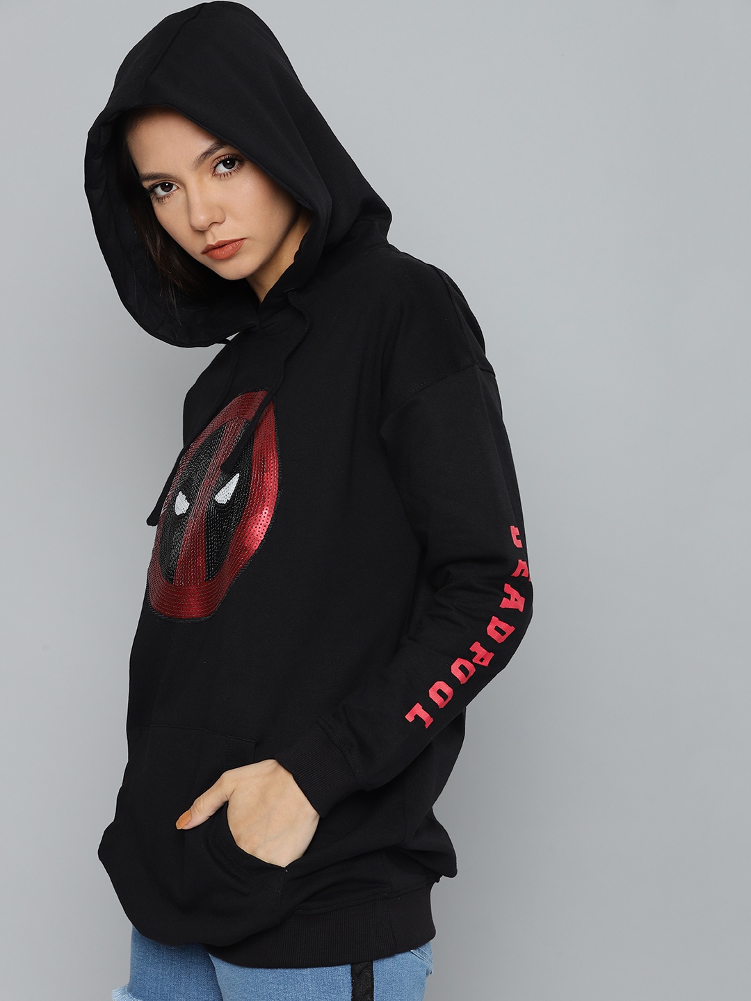 

Kook N Keech Marvel Women Black & Red Printed Hooded Sweatshirt