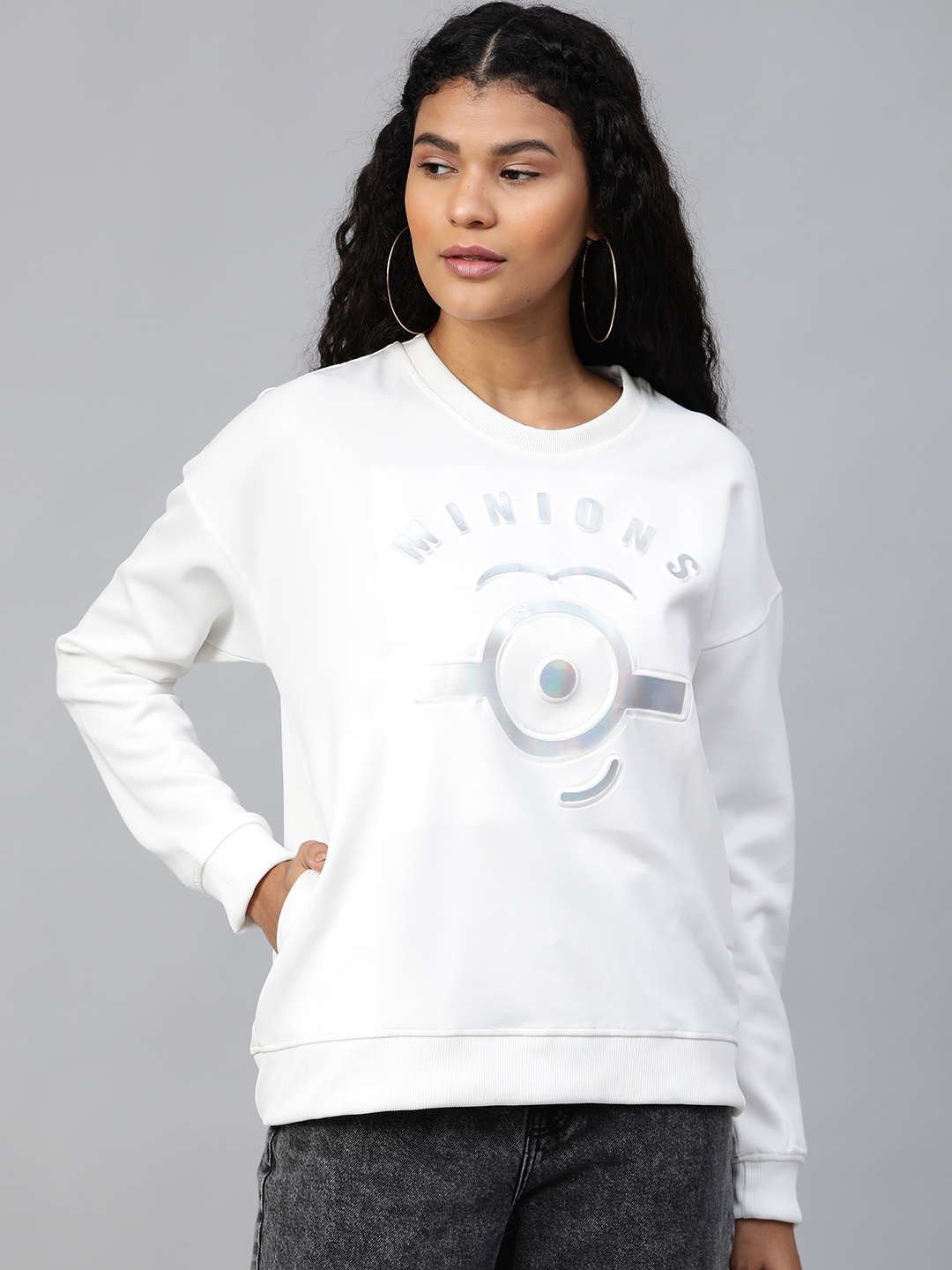 

Minions by Kook N Keech Women White & Silver Embossed Print Sweatshirt