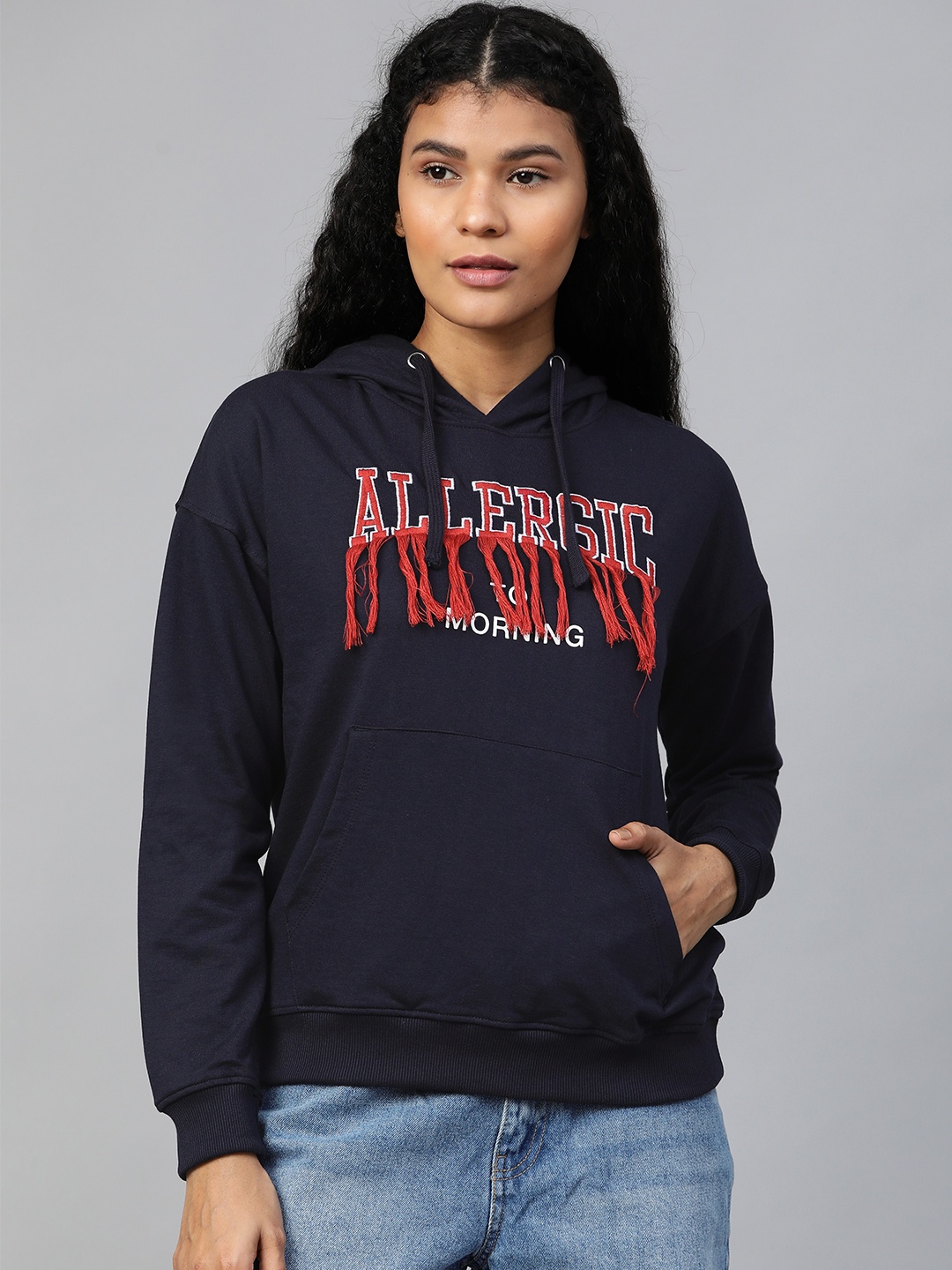 

Kook N Keech Women Navy Blue Embroidered Hooded Sweatshirt