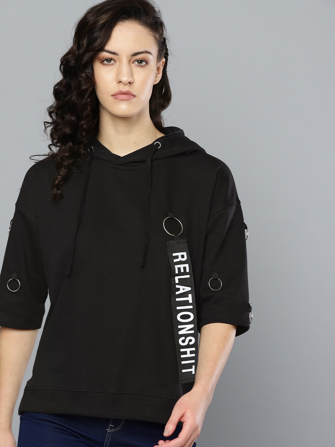 

Kook N Keech Women Black Solid Hooded Sweatshirt