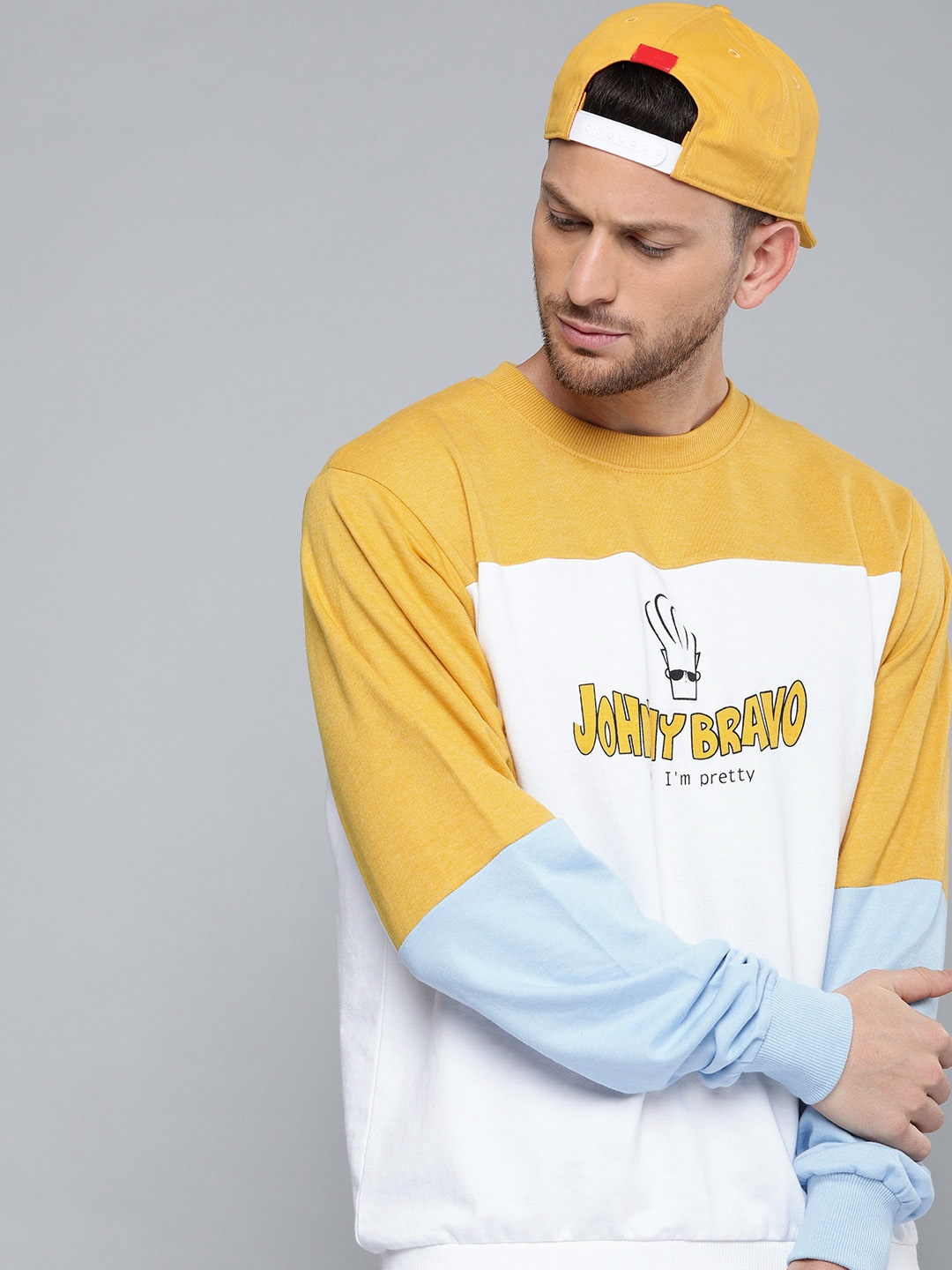 

Johnny Bravo by Kook N Keech Men White & Mustard Yellow Colourblocked Sweatshirt