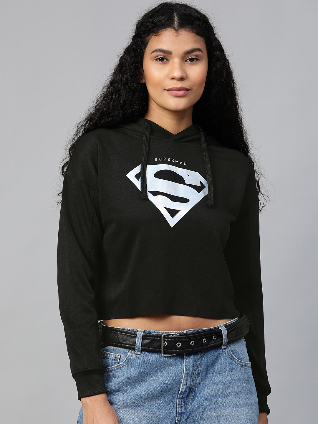 

Kook N Keech Superman Women Black & Silver Printed Hooded Cropped Sweatshirt