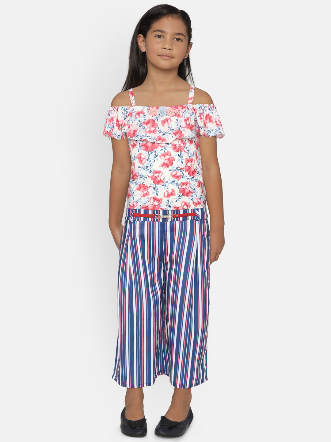 

Peppermint Girls White & Blue Printed Basic Jumpsuit