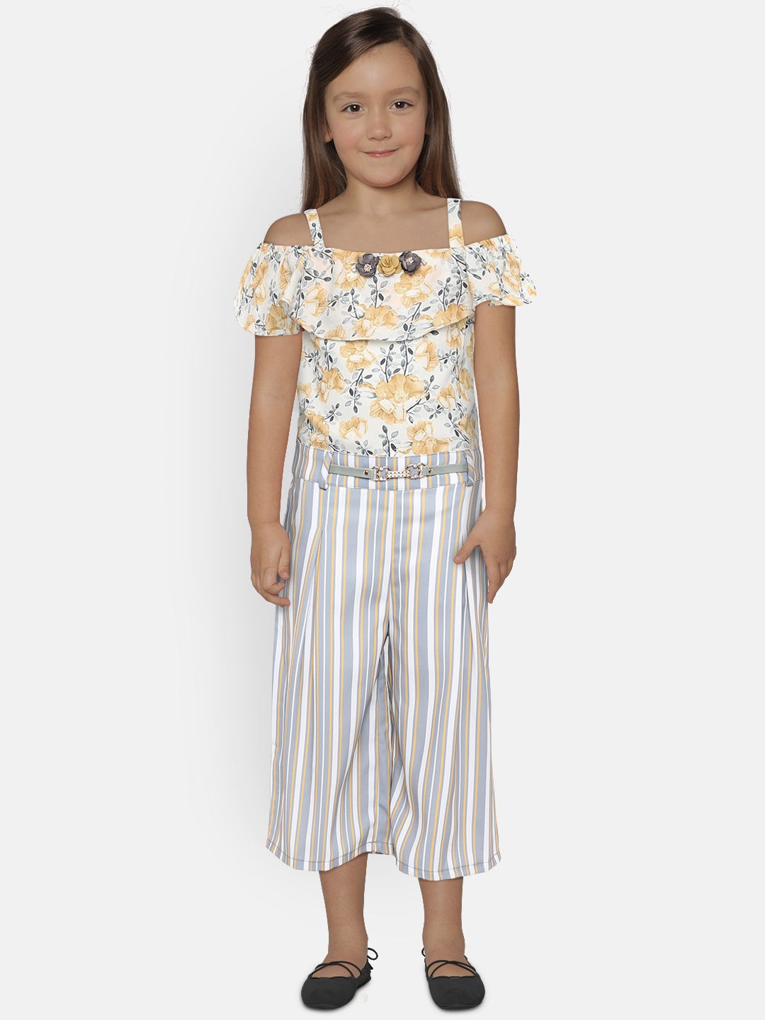 

Peppermint Girls Off-White & Mustard Printed Basic Jumpsuit