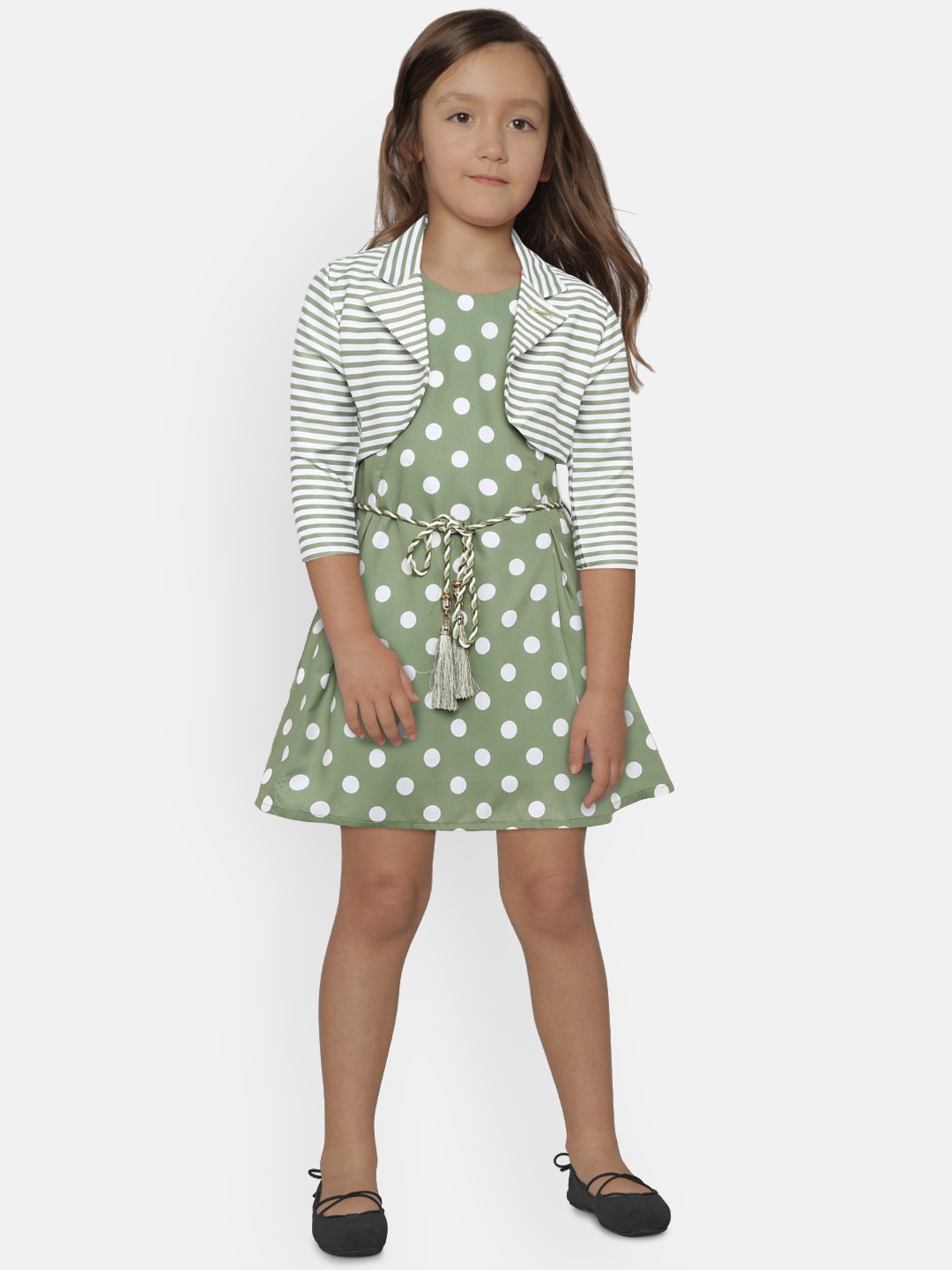 

Peppermint Girls Olive Green & White Fit and Flare Dress with Crop Jacket