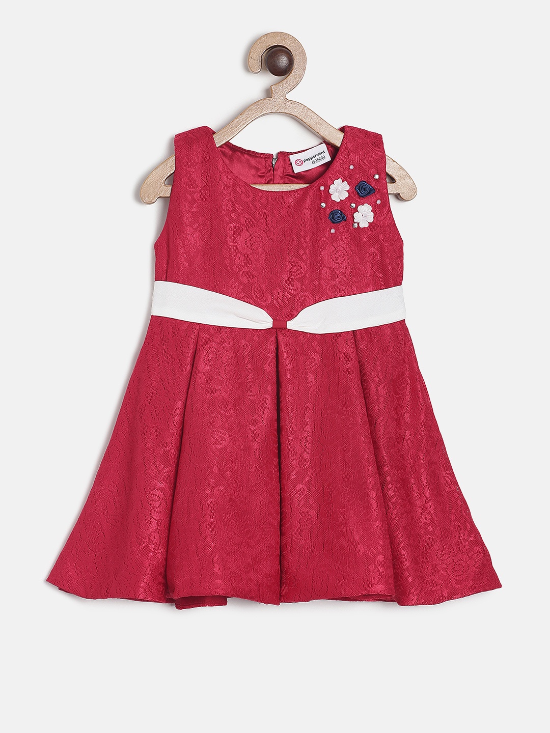 

Peppermint Girls Maroon Self Design Fit and Flare Dress