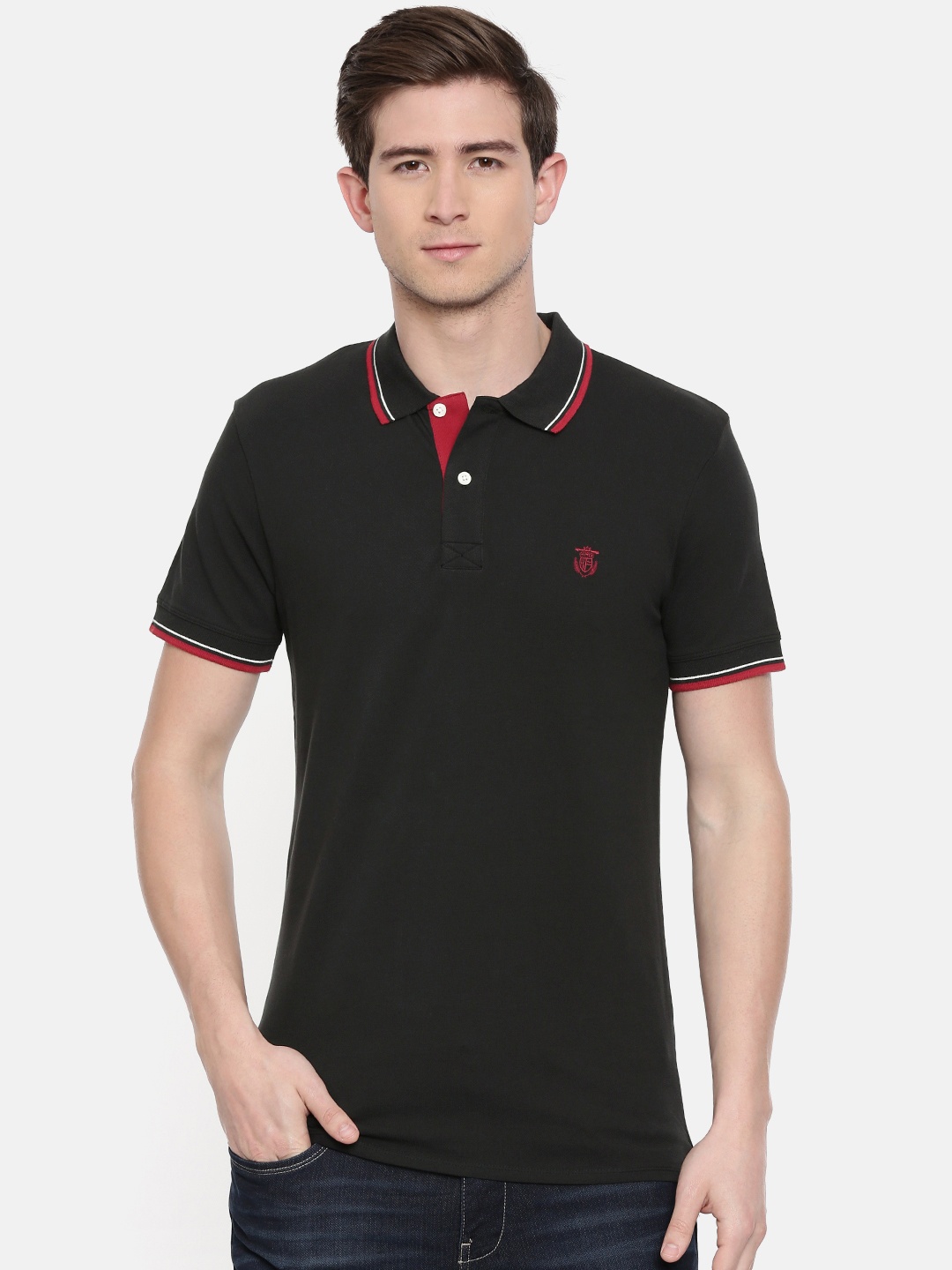 

SELECTED Men Black Solid Polo Collar T-shirt