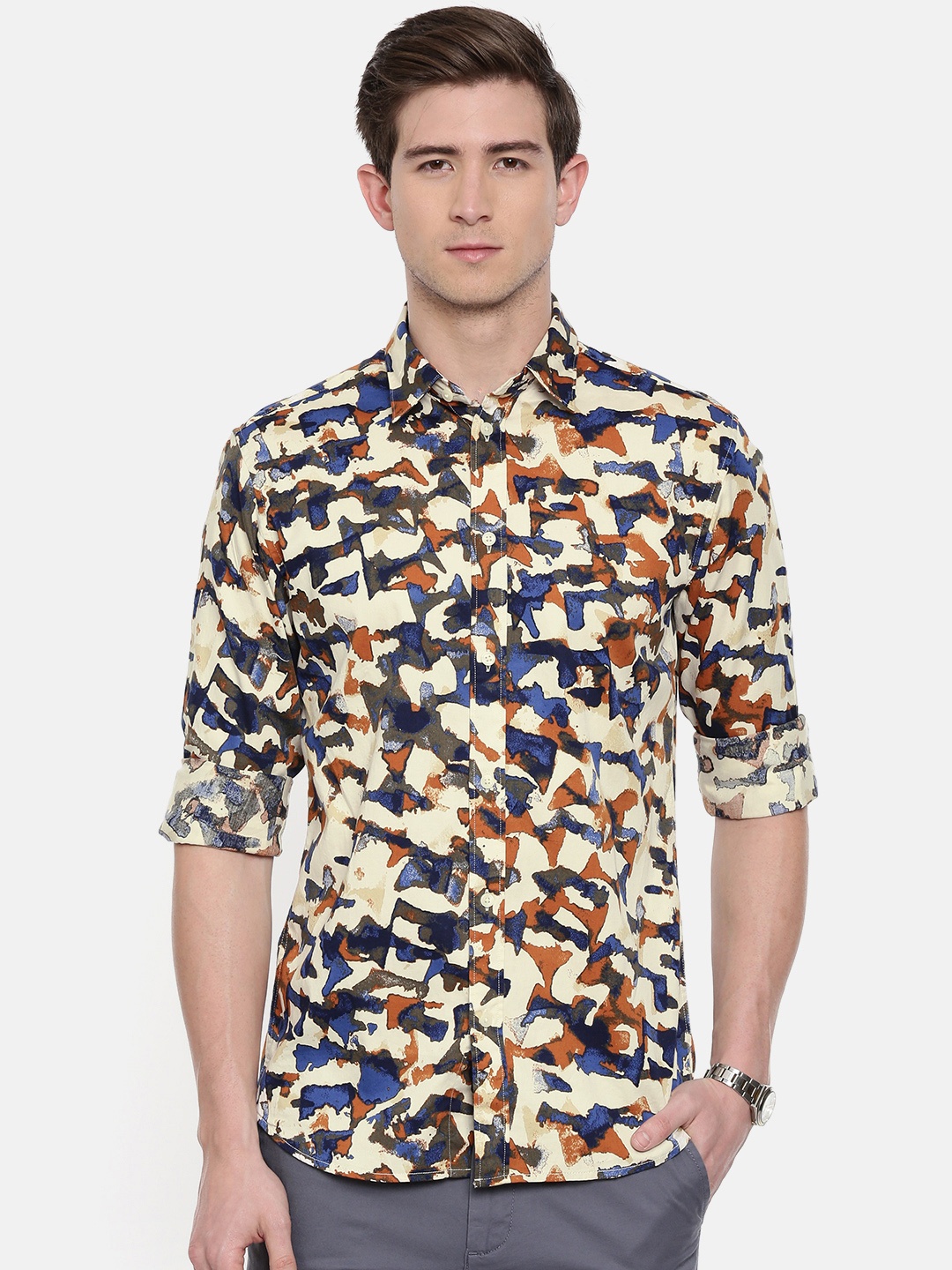 

SELECTED Men Cream-Coloured Slim Fit Printed Casual Shirt