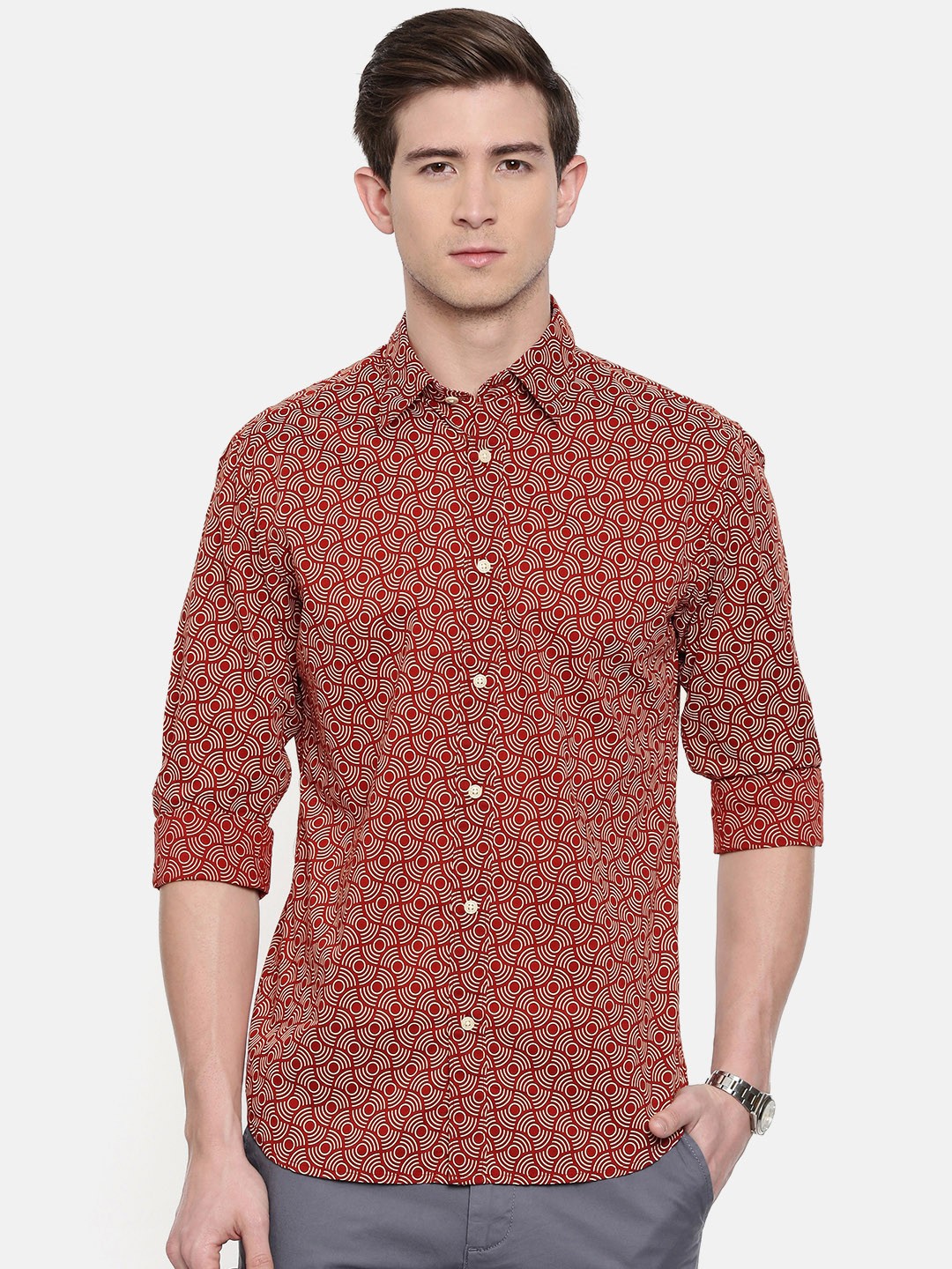 

SELECTED Men Red & Off-White Slim Fit Printed Casual Shirt
