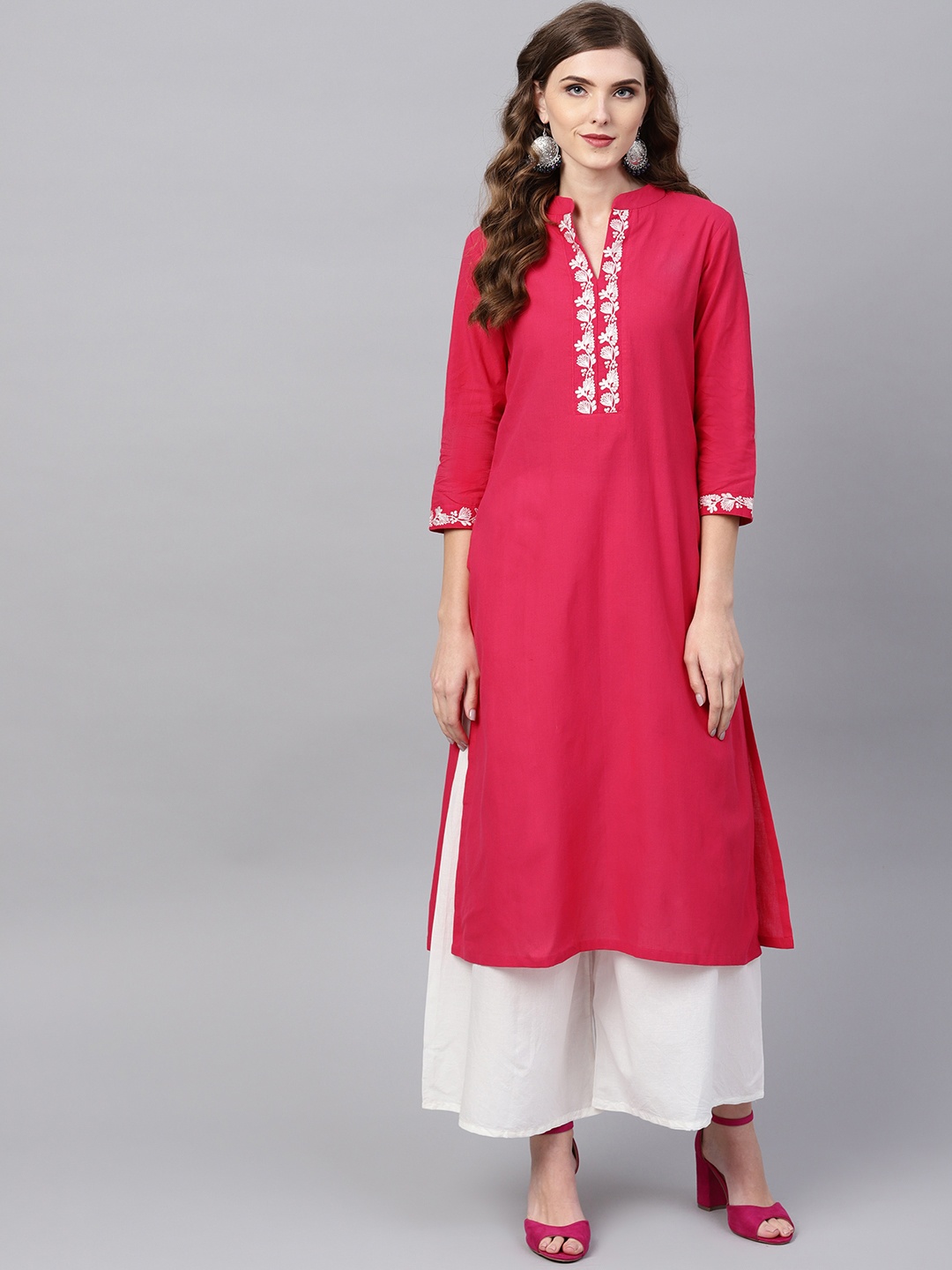 

Bhama Couture Women Pink Yoke Design Straight Kurta