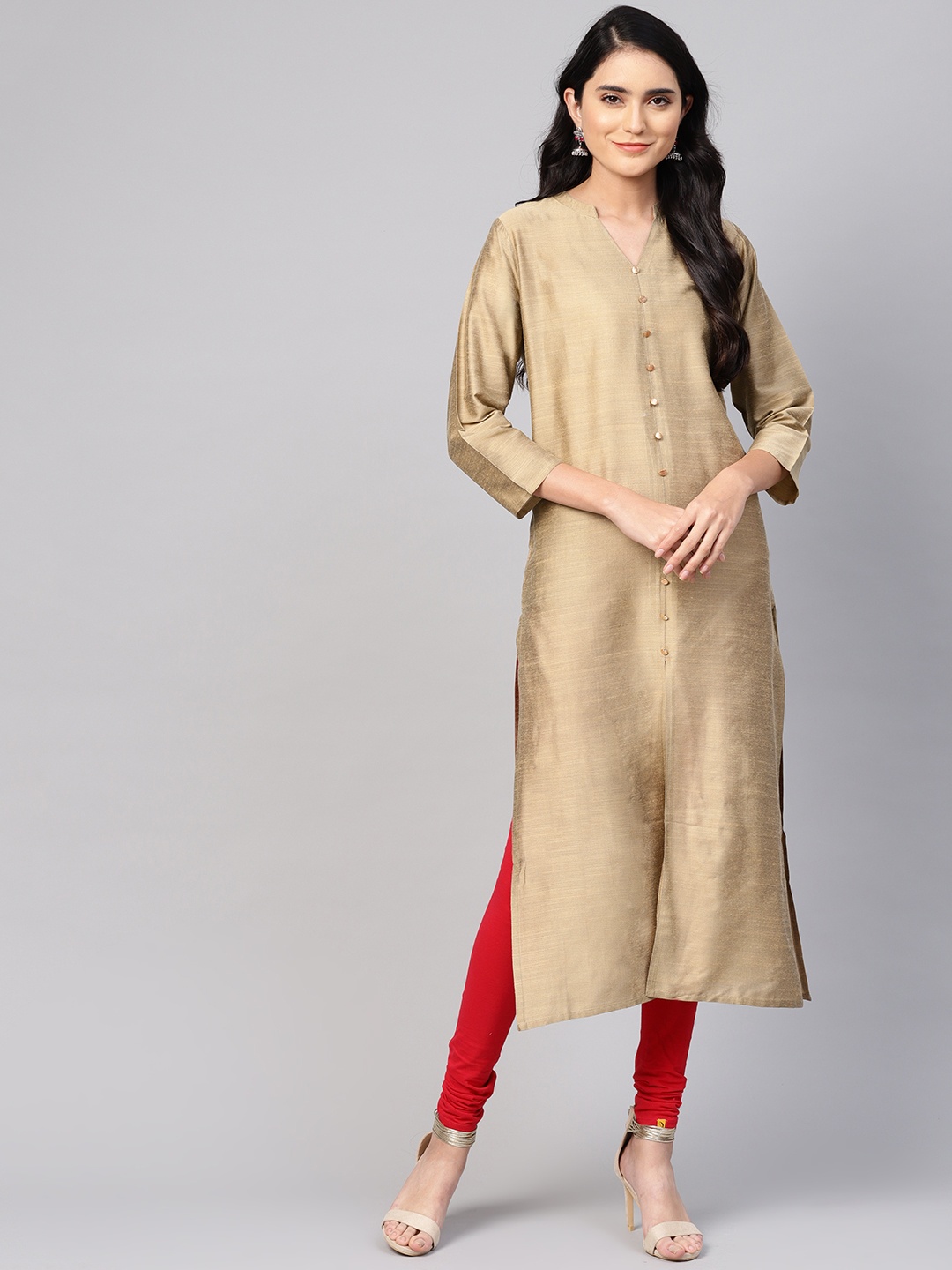 

Varanga Women Beige Solid Silk Straight Kurta