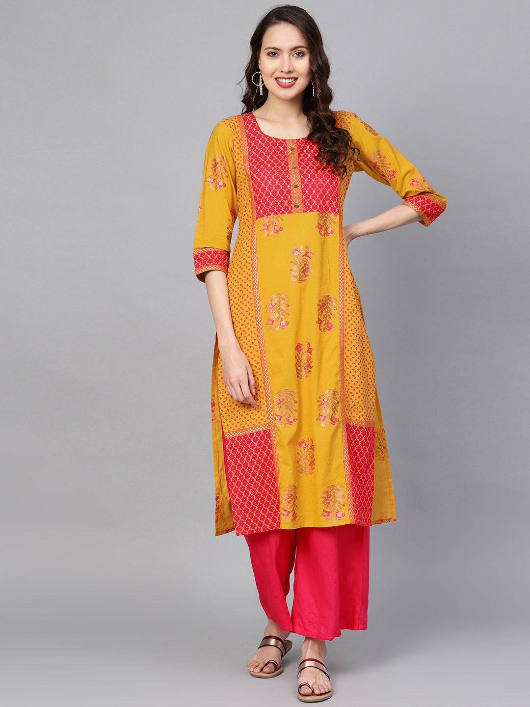 

Varanga Women Mustard Yellow & Pink Floral Print Straight Kurta