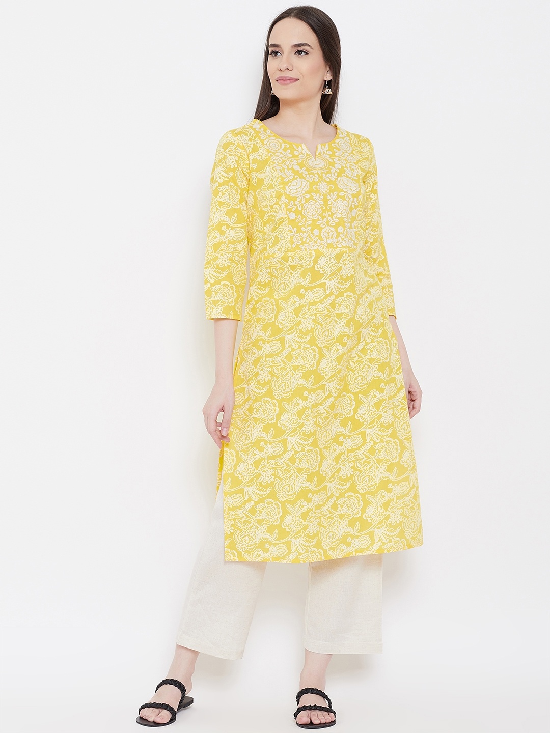 

Be Indi Women Yellow & White Printed Straight Kurta