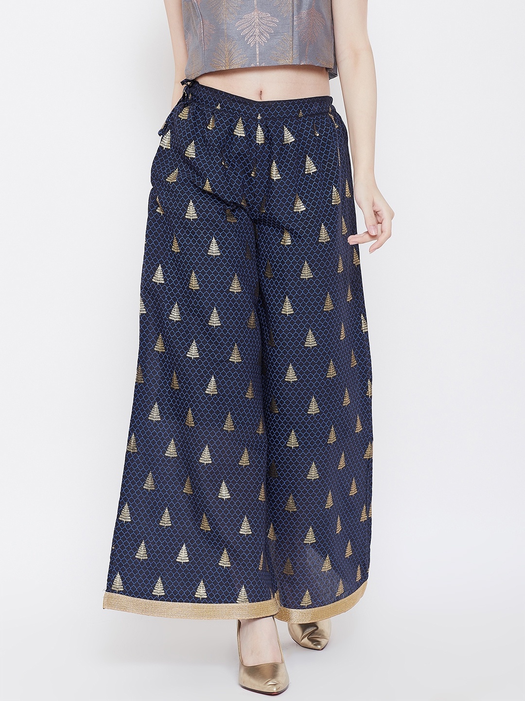 

Be Indi Women Navy Blue & Golden Printed Wide Leg Palazzos