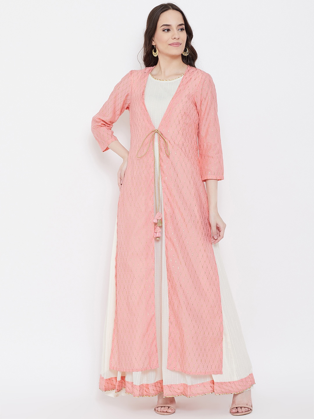 

Be Indi Women Off-White & Pink Self Design Maxi Dress with Printed Ethnic Jacket