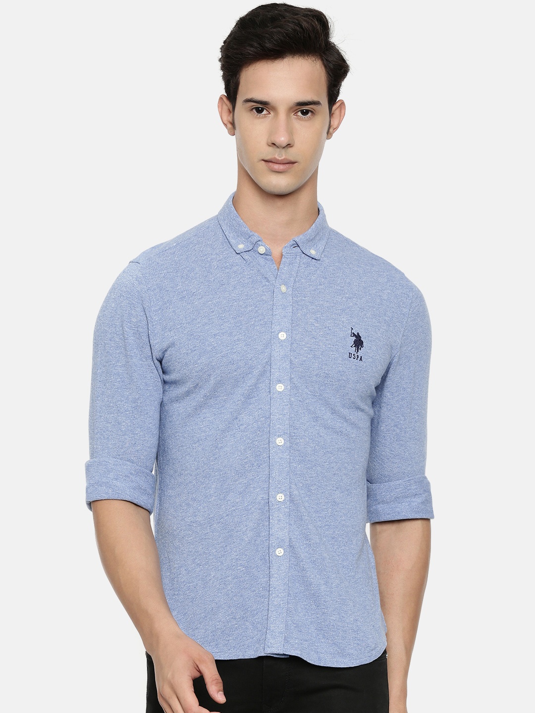 

U.S. Polo Assn. Men Blue Regular Fit Solid Knitted Casual Shirt